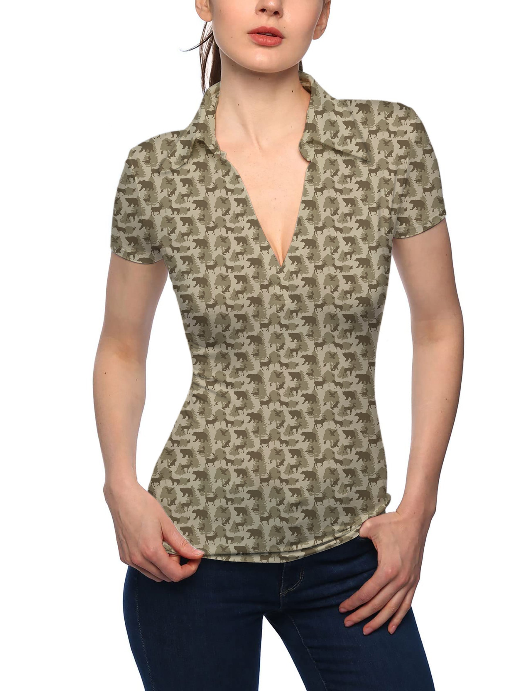 Women's Forest animal bear deer V Neck Golf Polo