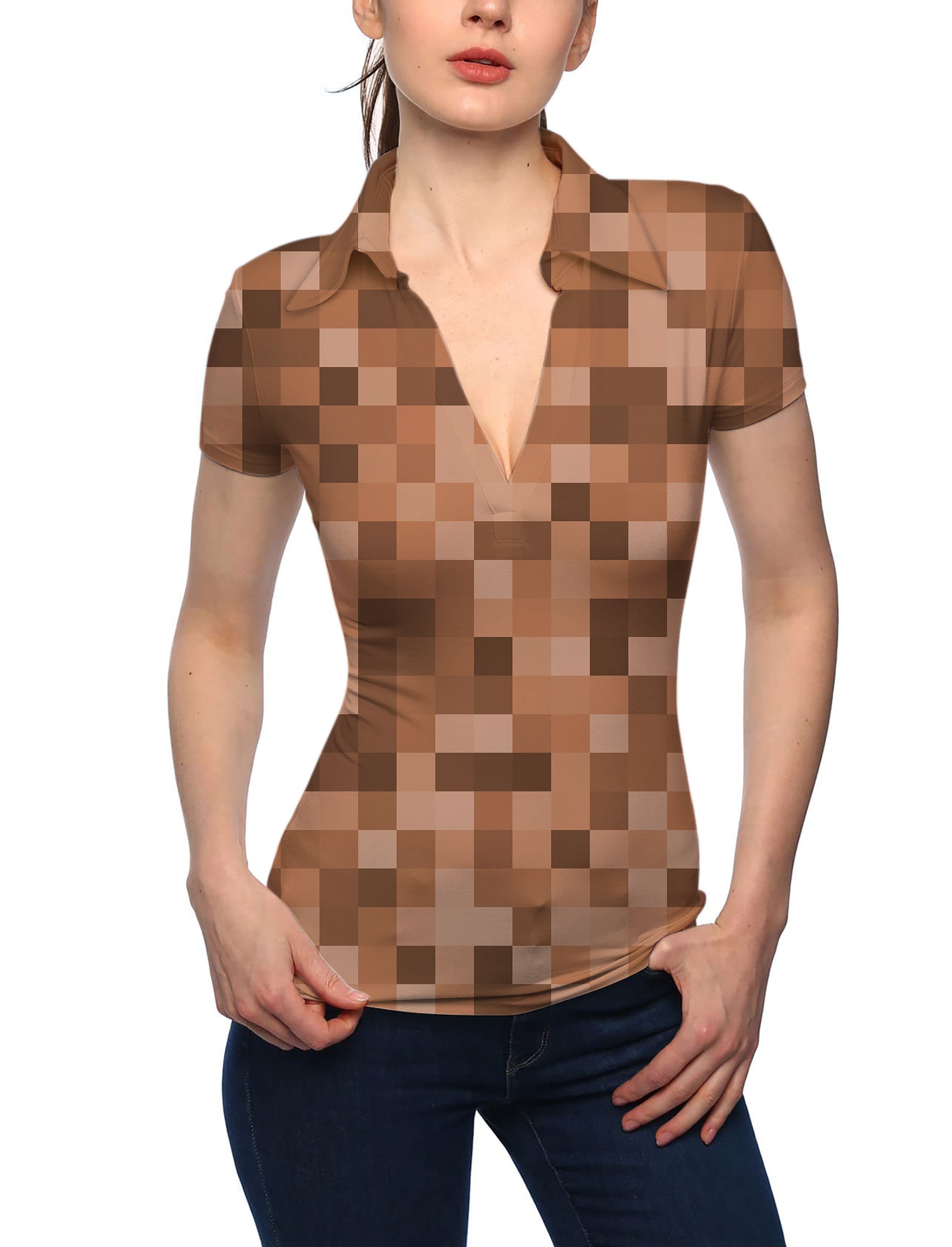 Women's Brown Pixel Big V Neck Golf Polo