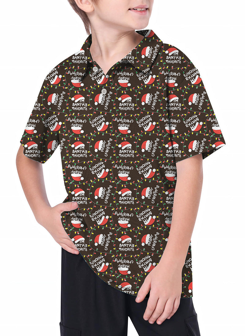 Youth Golf Polo with Christmas hat pattern, moisture-wicking and UPF 40+ protection for kids