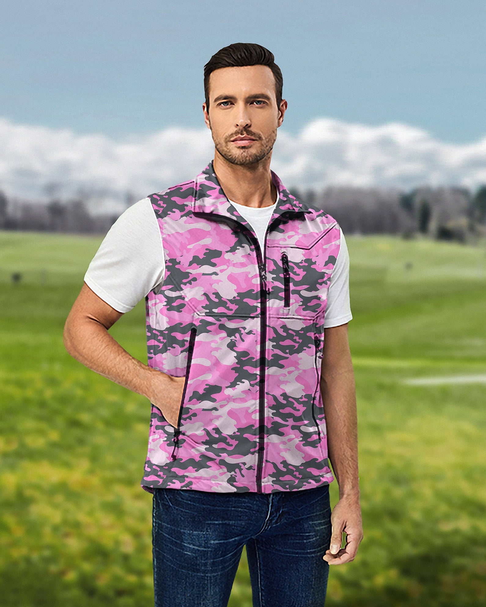 Men's Pink Camo Lightweight Softshell Vest Sleeveless Jacket for Golf Windproof Waterproof