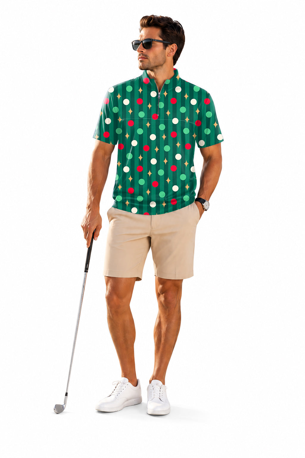 Men's Short Sleeve Quarter Zip Golf Pullover Green Christmas Lollipops