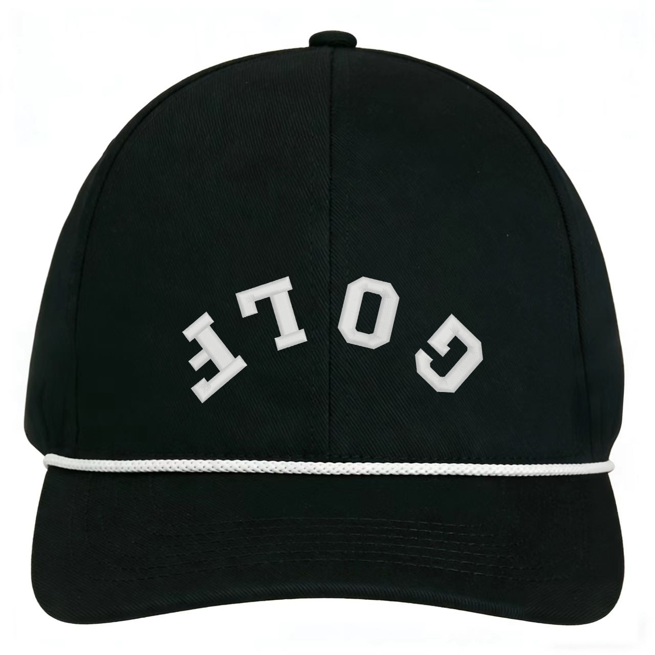 Custom embroidered vintage black golf snapback hat with adjustable fit and white lettering