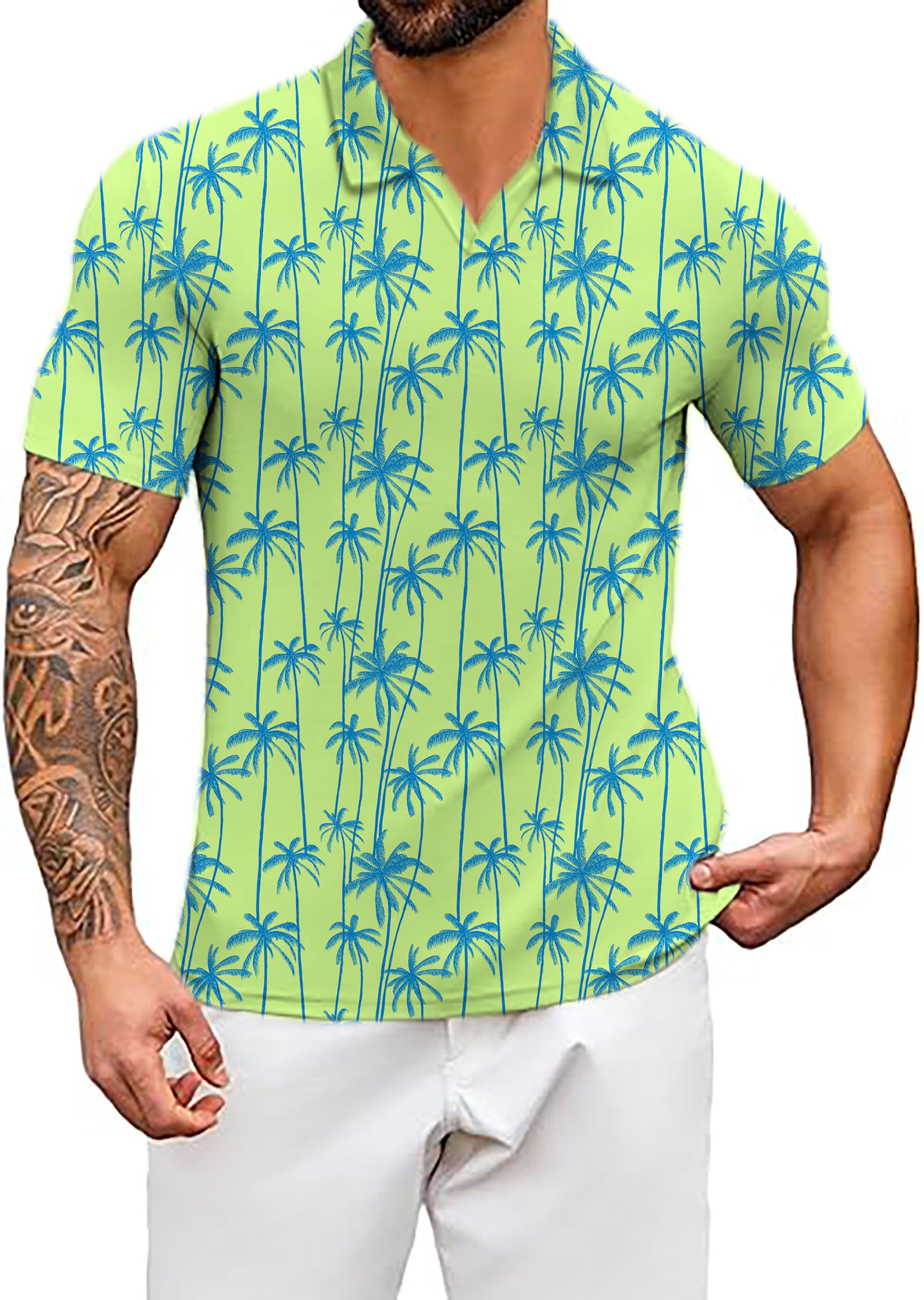 Men's Green And Blue Coconut Trees V Neck Golf Polo Shirts