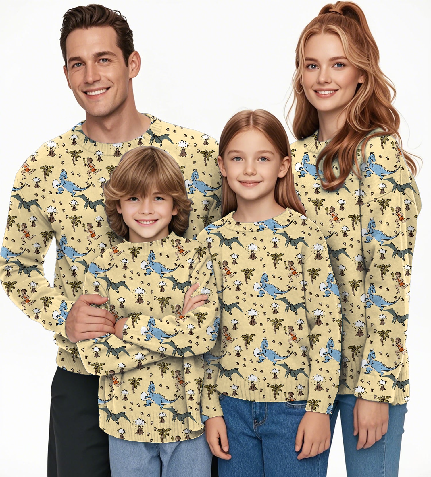 dinosaur wild man volcano Crewneck Pullover Ugly Sweater Men Women boy girl family