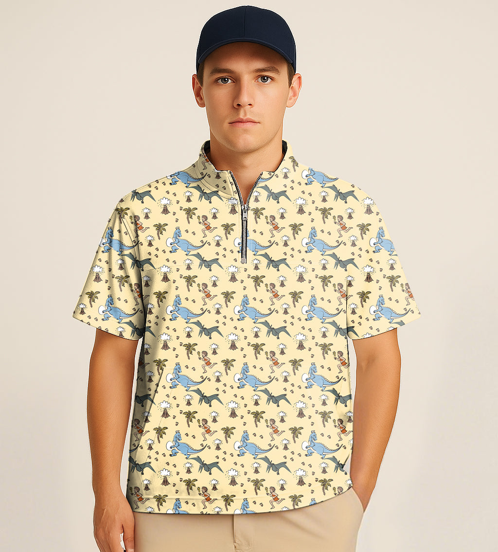 Half Zipper Turtleneck Golf Short Shirt dinosaur wild man volcano Embroidery