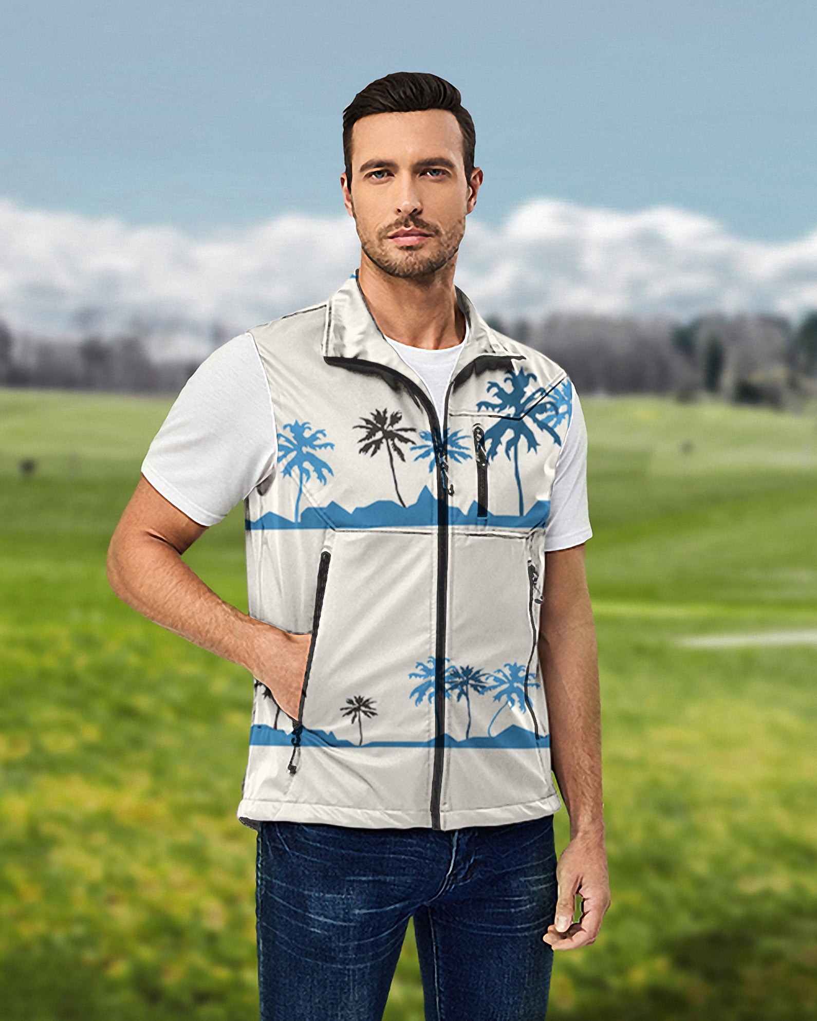 Men's palm tree Lightweight Softshell Vest Sleeveless Jacket for Golf Windproof Waterproof