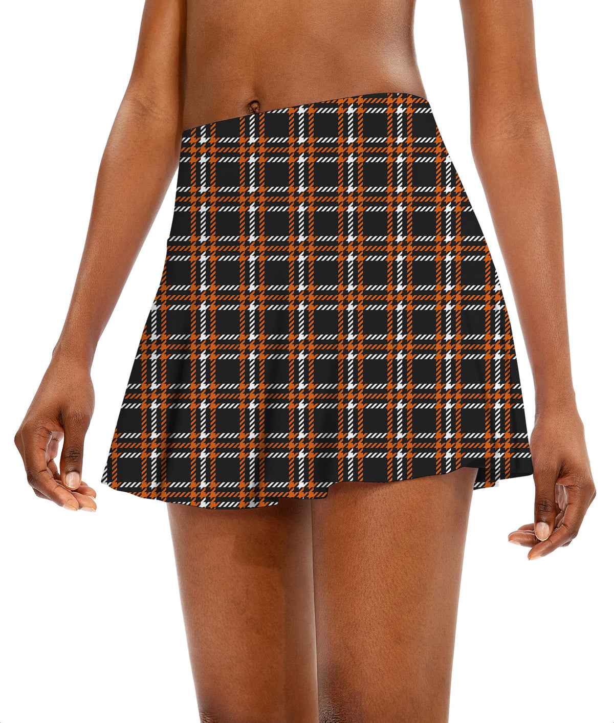 Halloween black yellow white grid Women's Athletic Golf Skorts Flared Skirts