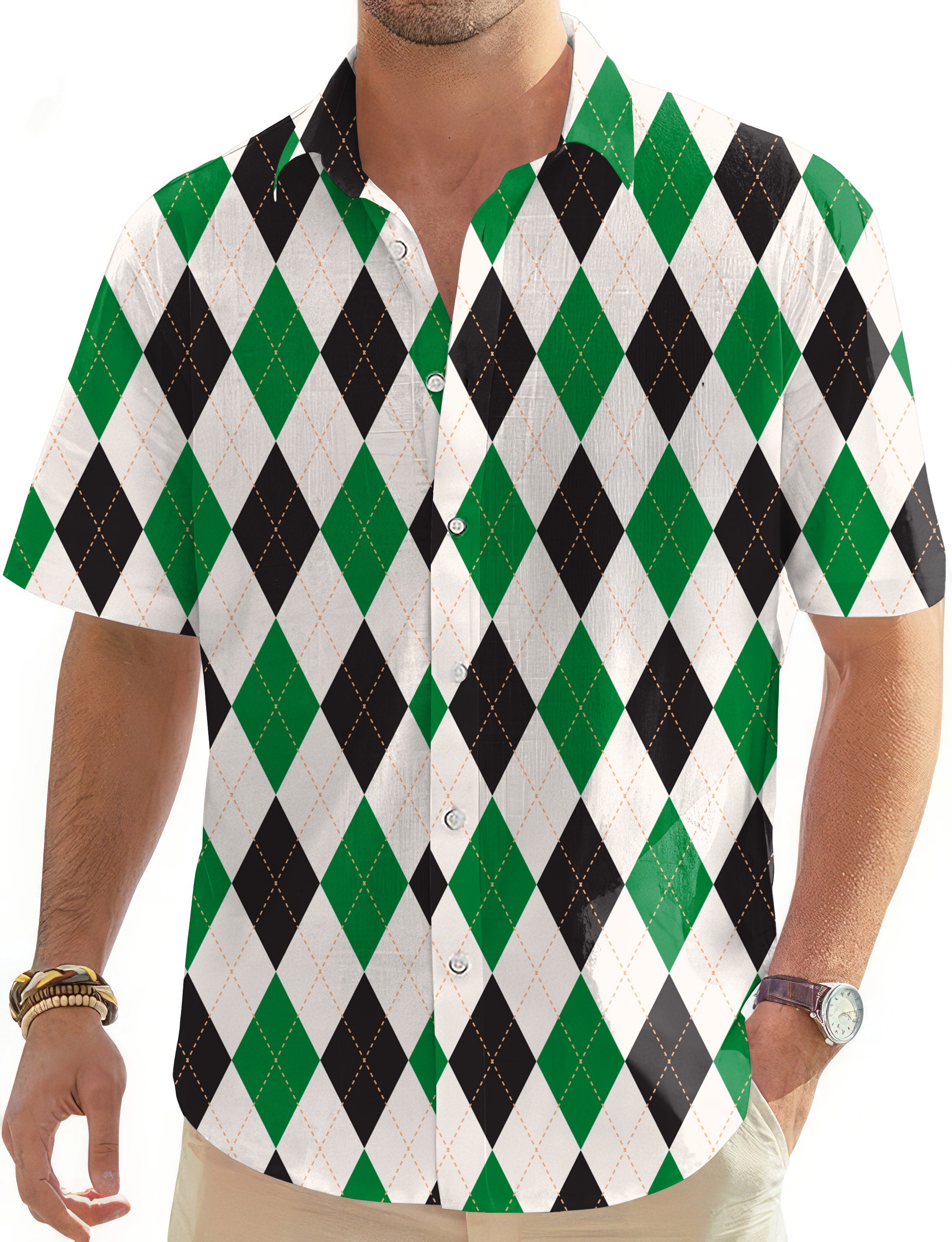 Argyle grid-Men's Golf Hawaiian Shirts Button Down Shirt