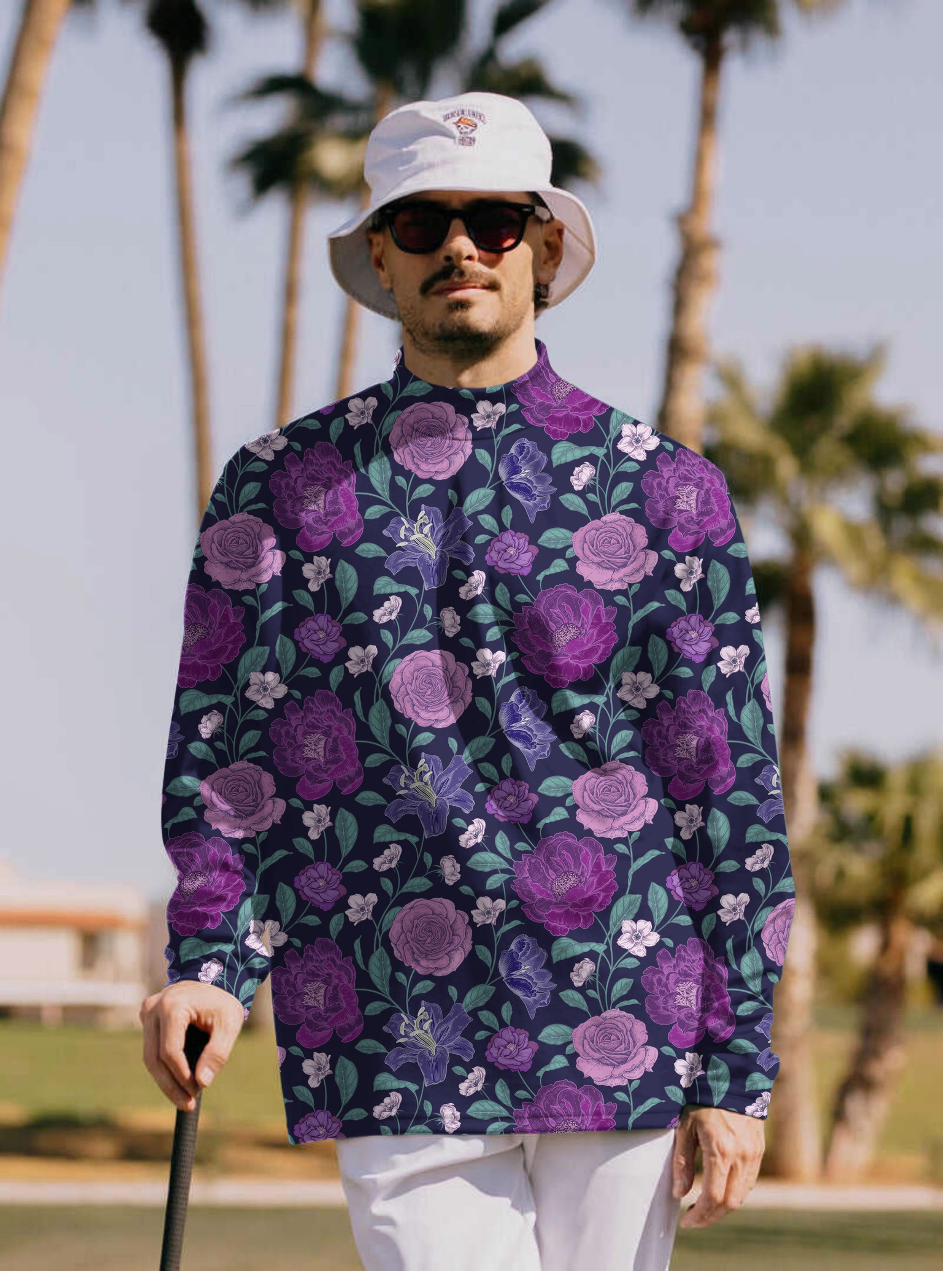Men's Purple Floral Pullover High neck Long/Short sleeve T-Shirt