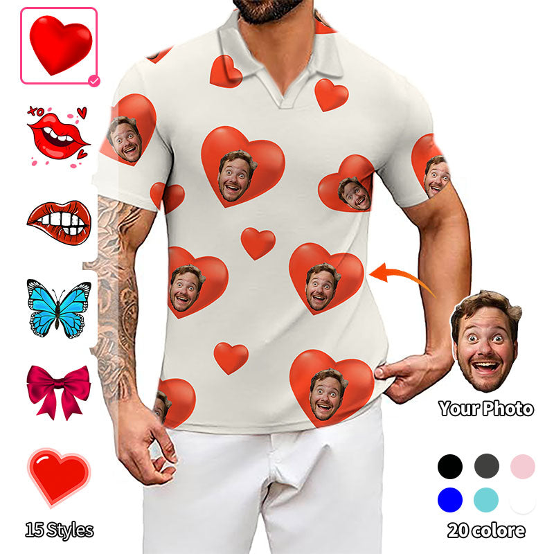 Valentine's Day men's custom photo white V-neck golf polo shirt with heart design and personalized face print