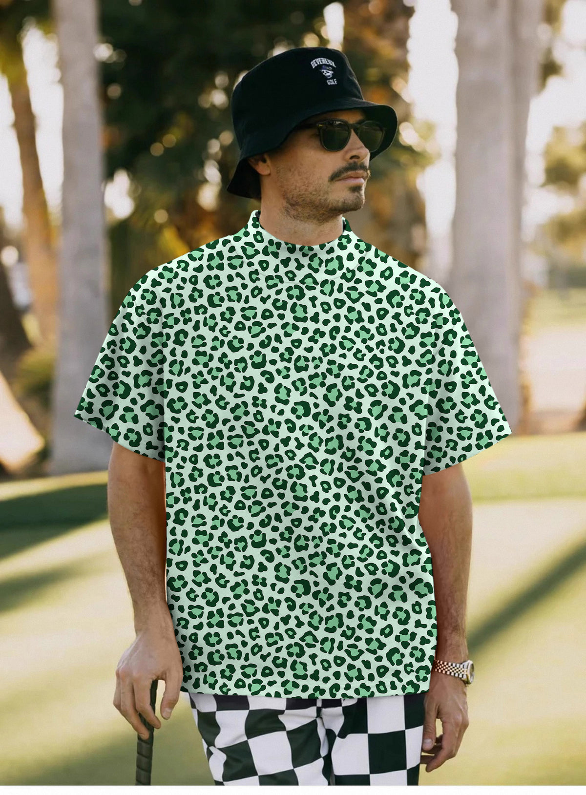 Men's Green leopard print Mock Neck Long/Short Sleeve Golf Tops