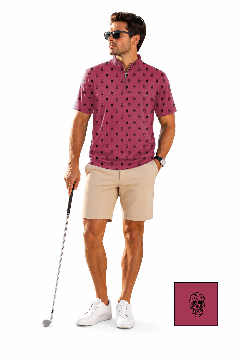 Men's Short Sleeve Quarter Zip Golf Pullover   Skull  Custom The Background Color Embroidery