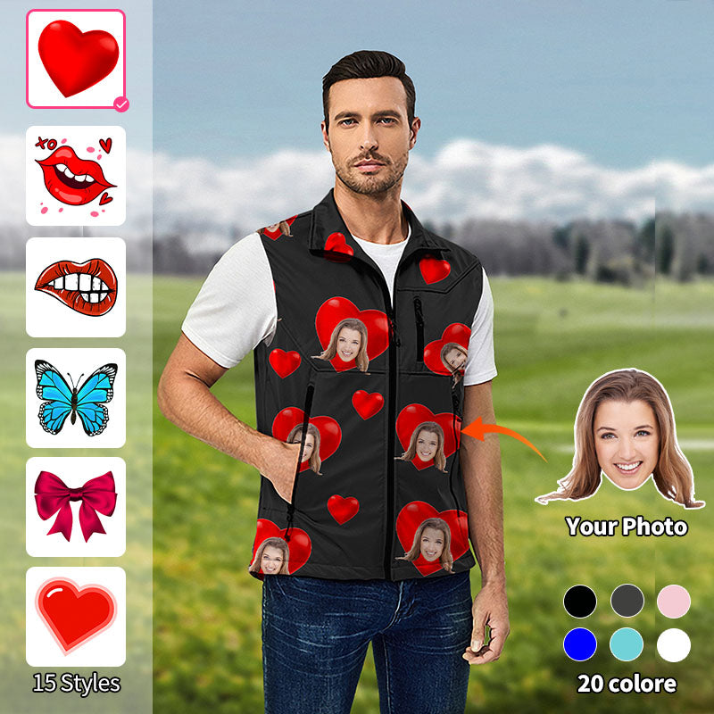 Valentine's Day Men's Custom Photo Face Custom Color Black Love Lightweight Softshell Vest Sleeveless Jacket for Golf Windproof Waterproof