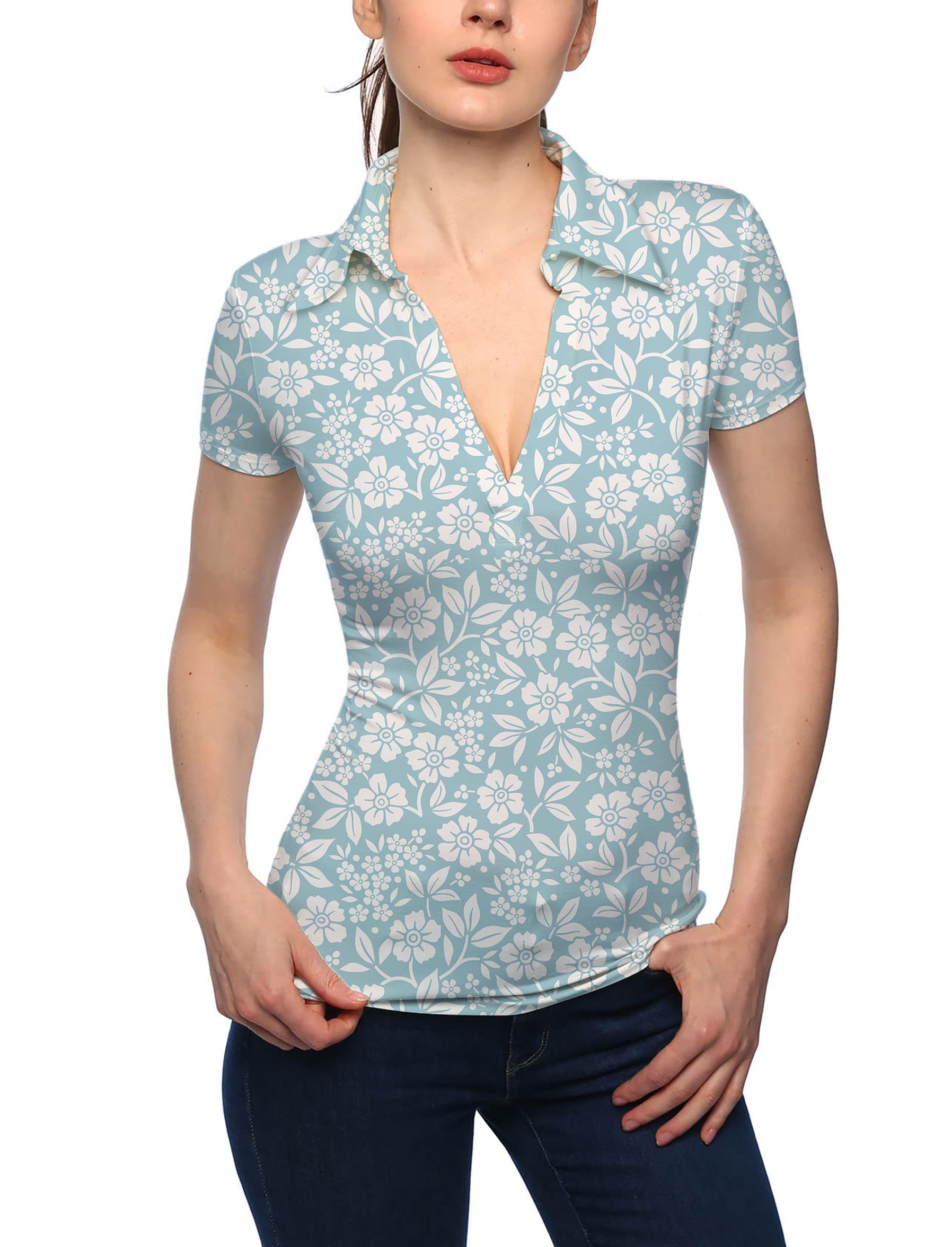 Women's Relaxed Blue Floral V Neck Golf Polo