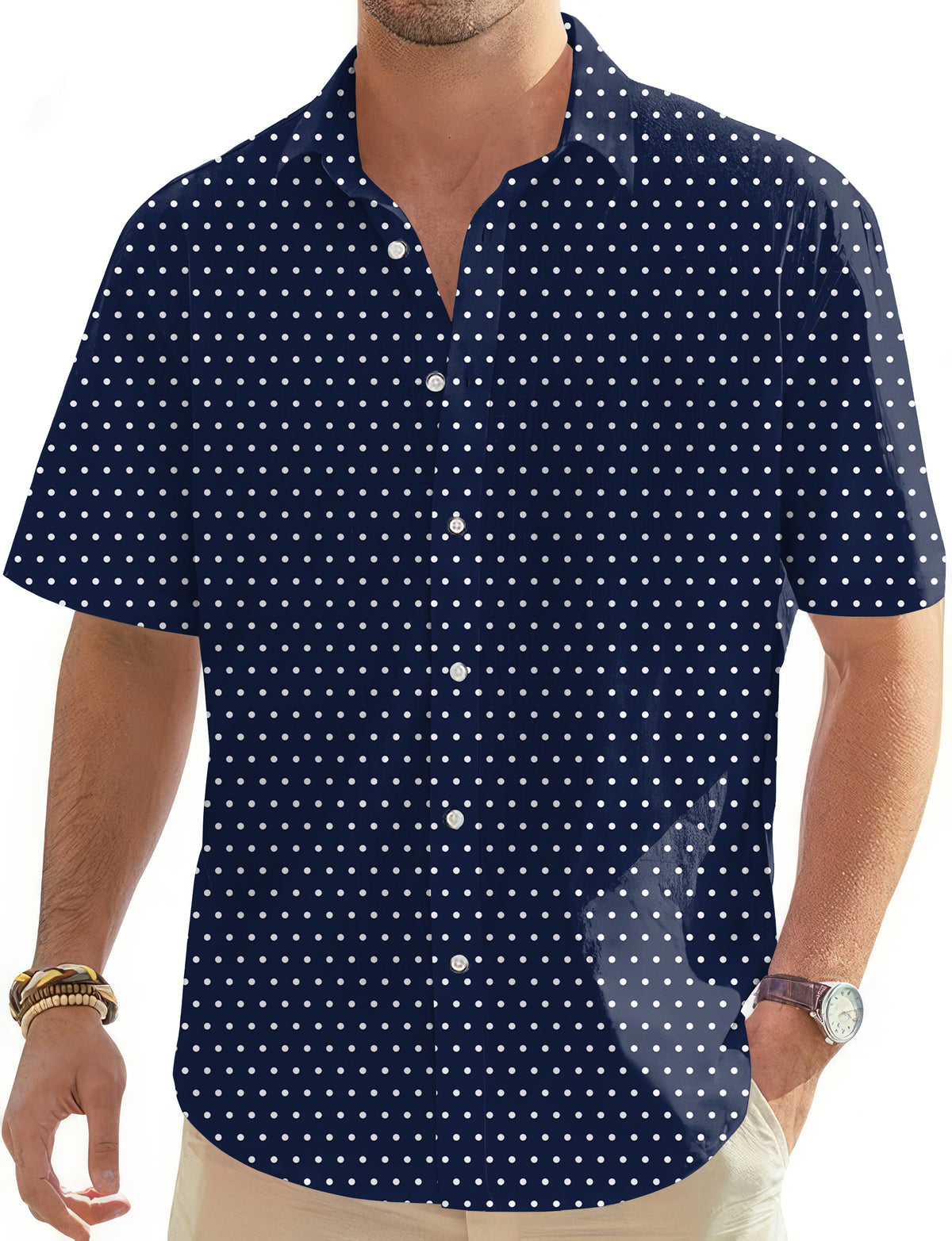 Navy blue with white polka dots Men's Golf Hawaiian Shirts Button Down Shirt