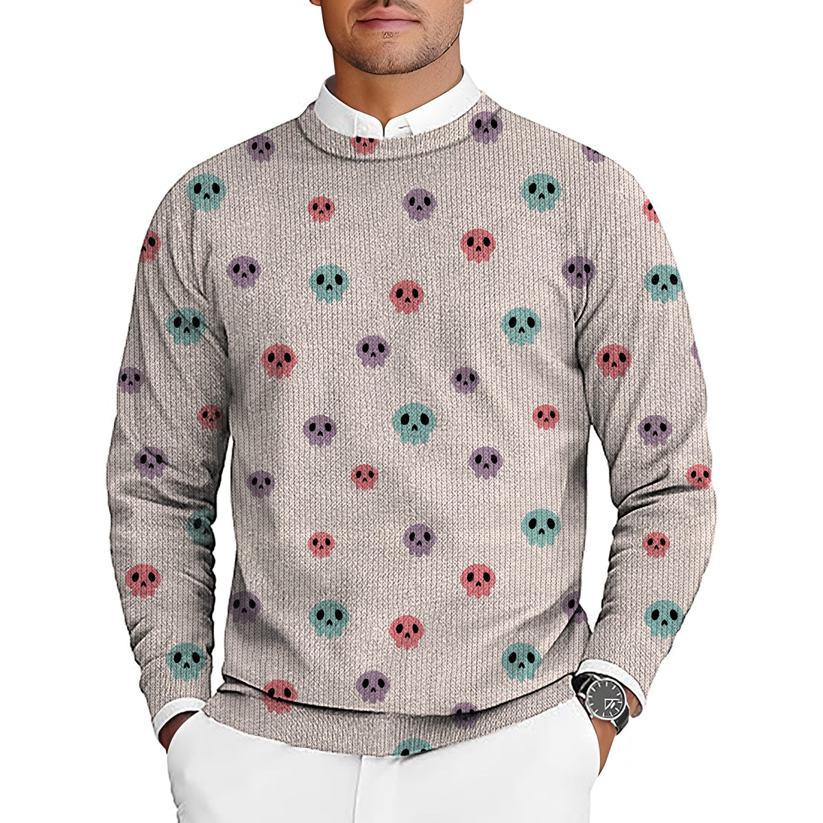 Colorful Halloween Skull Men's Golf Crewneck Pullover Sweaters Ugly Sweater