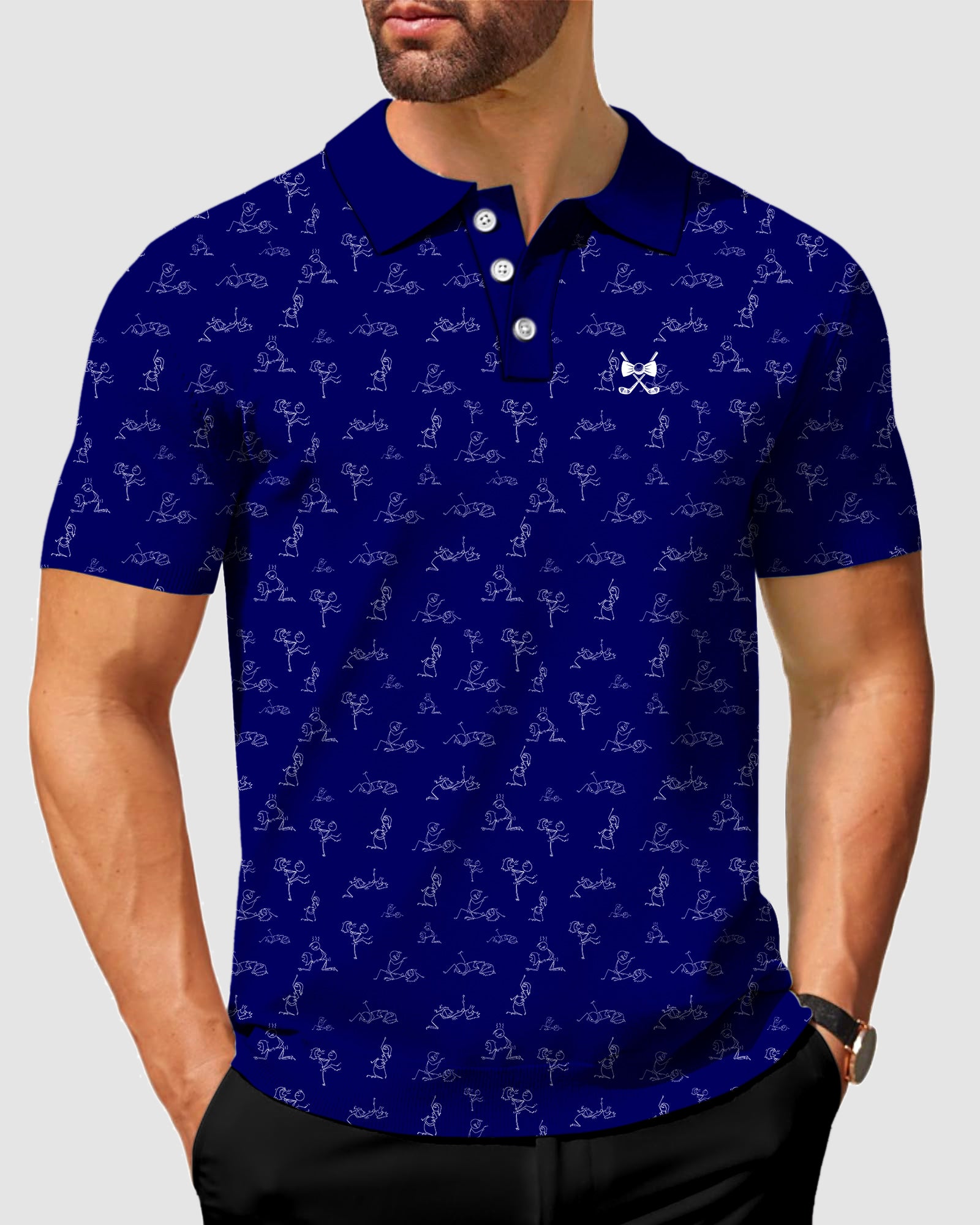 Men's Navy Funny Kamasutra Figures Golf Polo