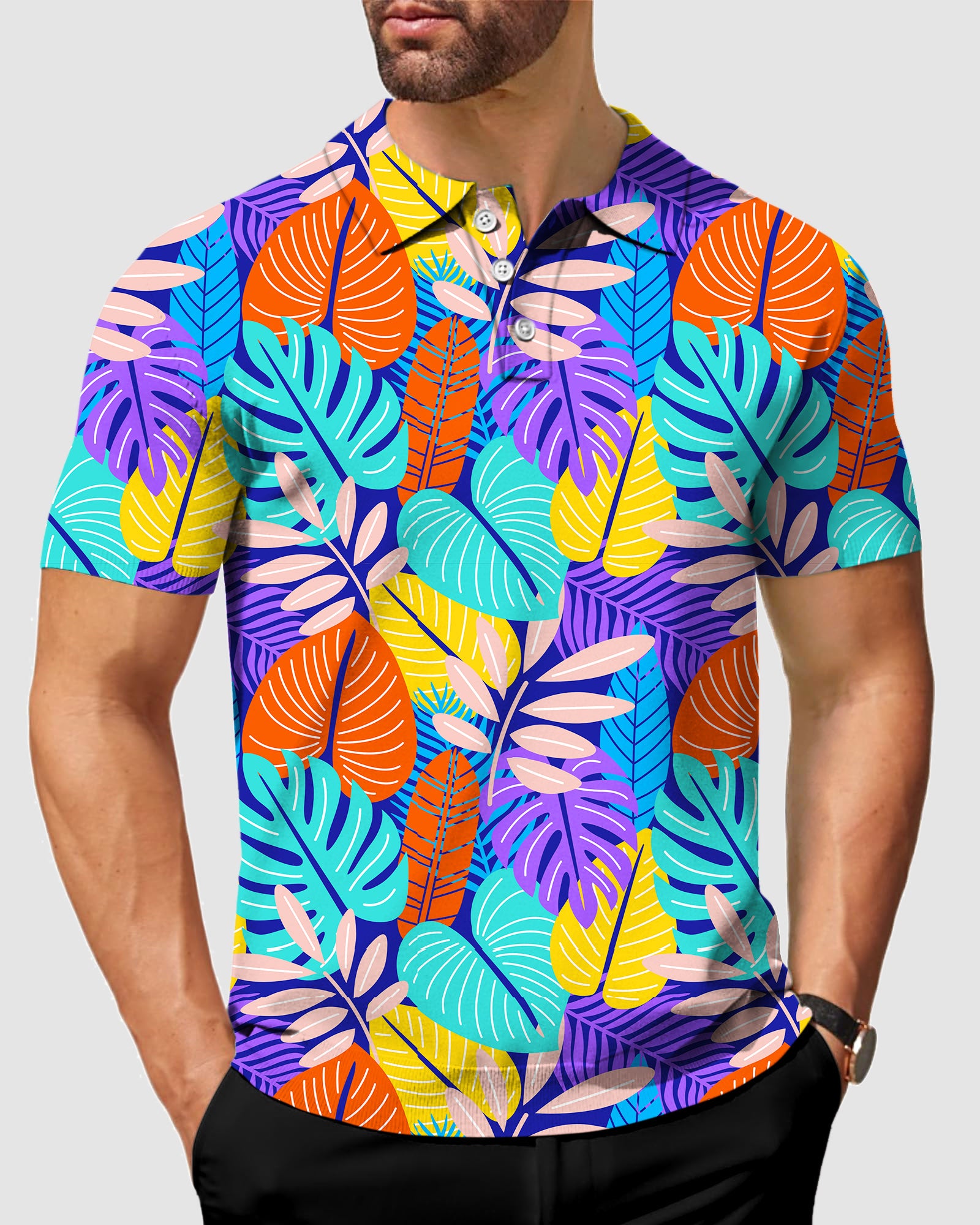 men's golf Tropical palm leaves polo