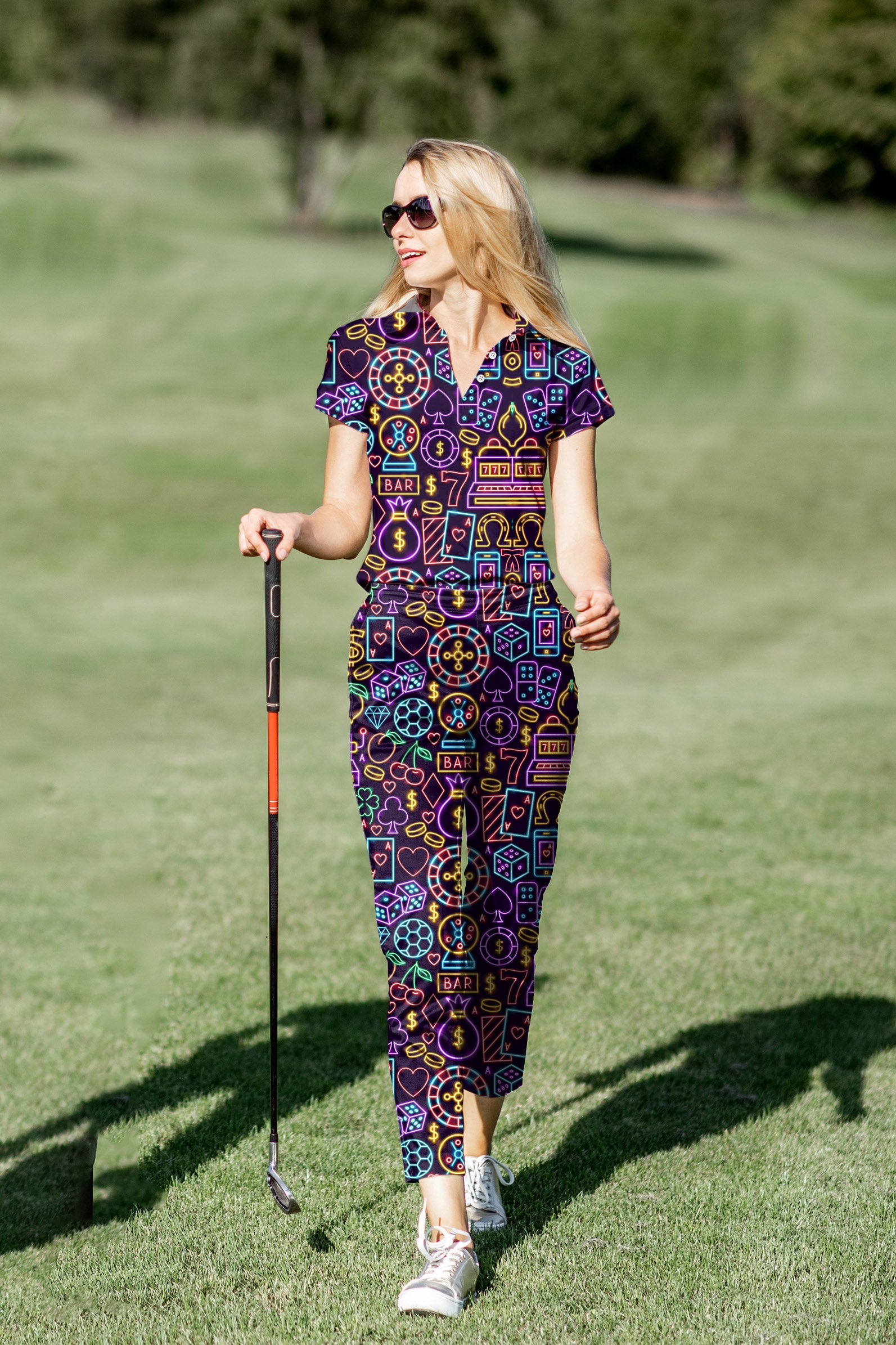 Women's Golf Polo+Pants Set Bankroll neon