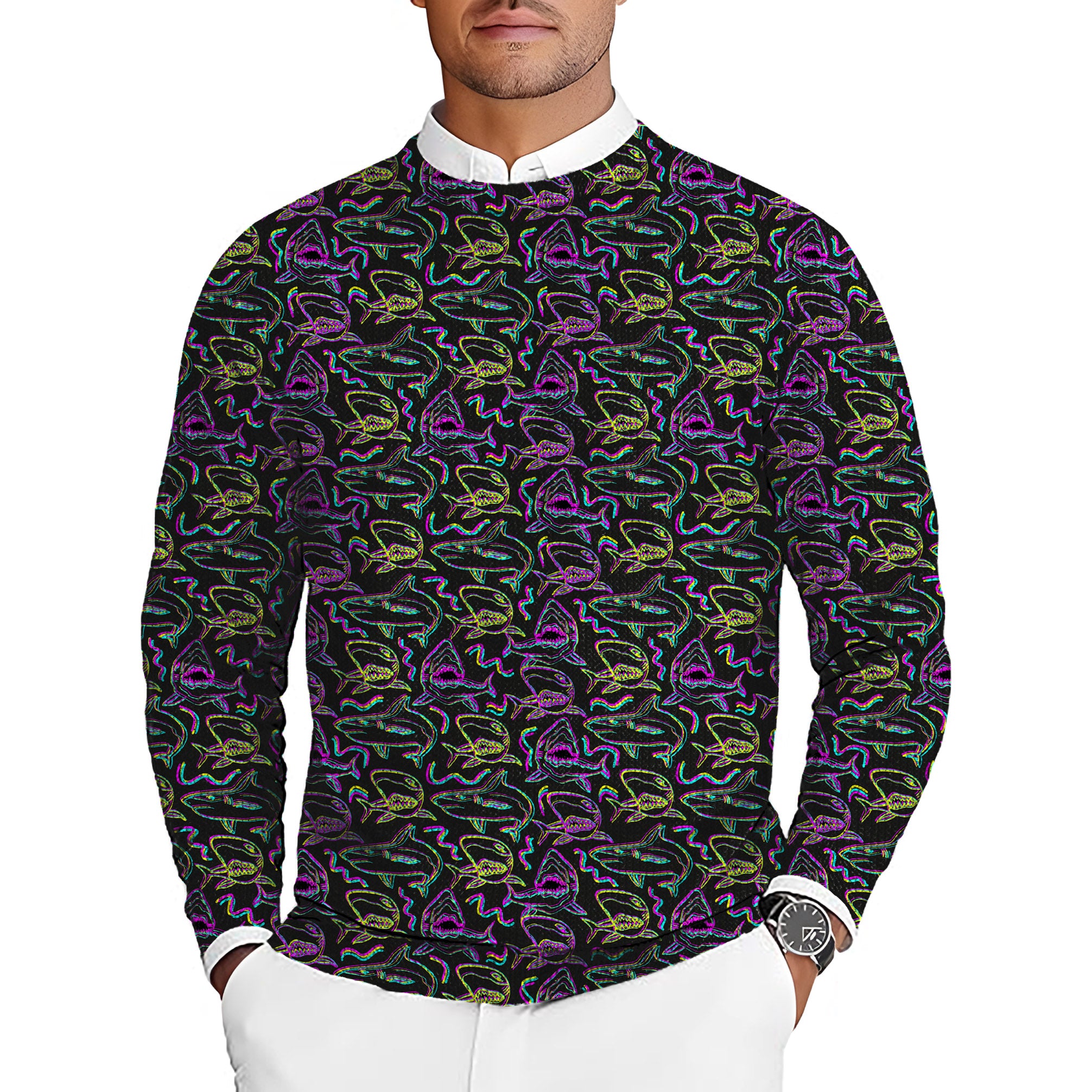 Neon Sharks Men's Golf Crewneck Pullover Sweaters Ugly Sweater