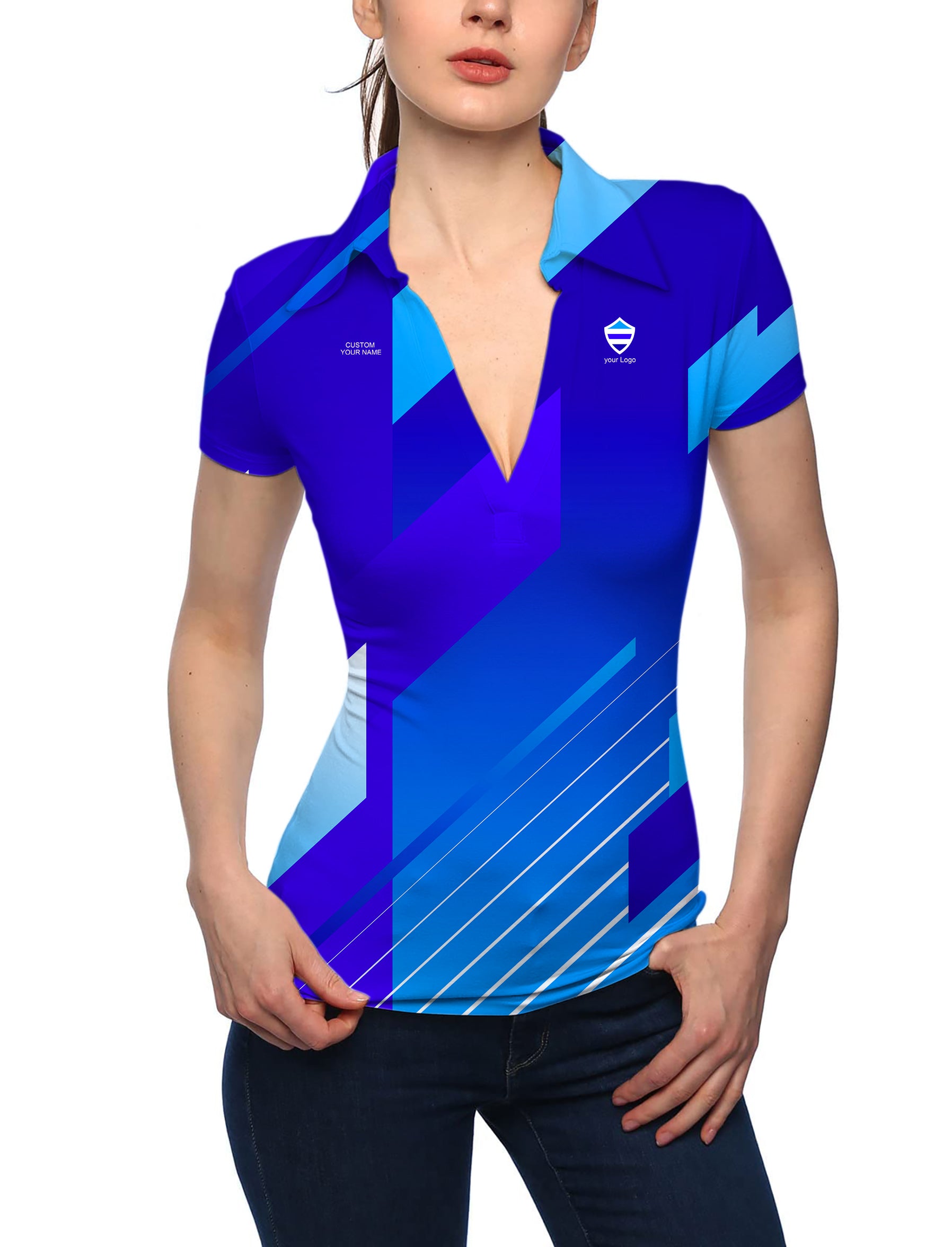 Women's blue sport Team V Neck Golf Polo