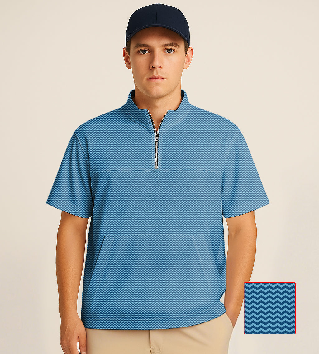 Blue waves embroidered half zipper turtleneck golf short sleeve shirt on male model