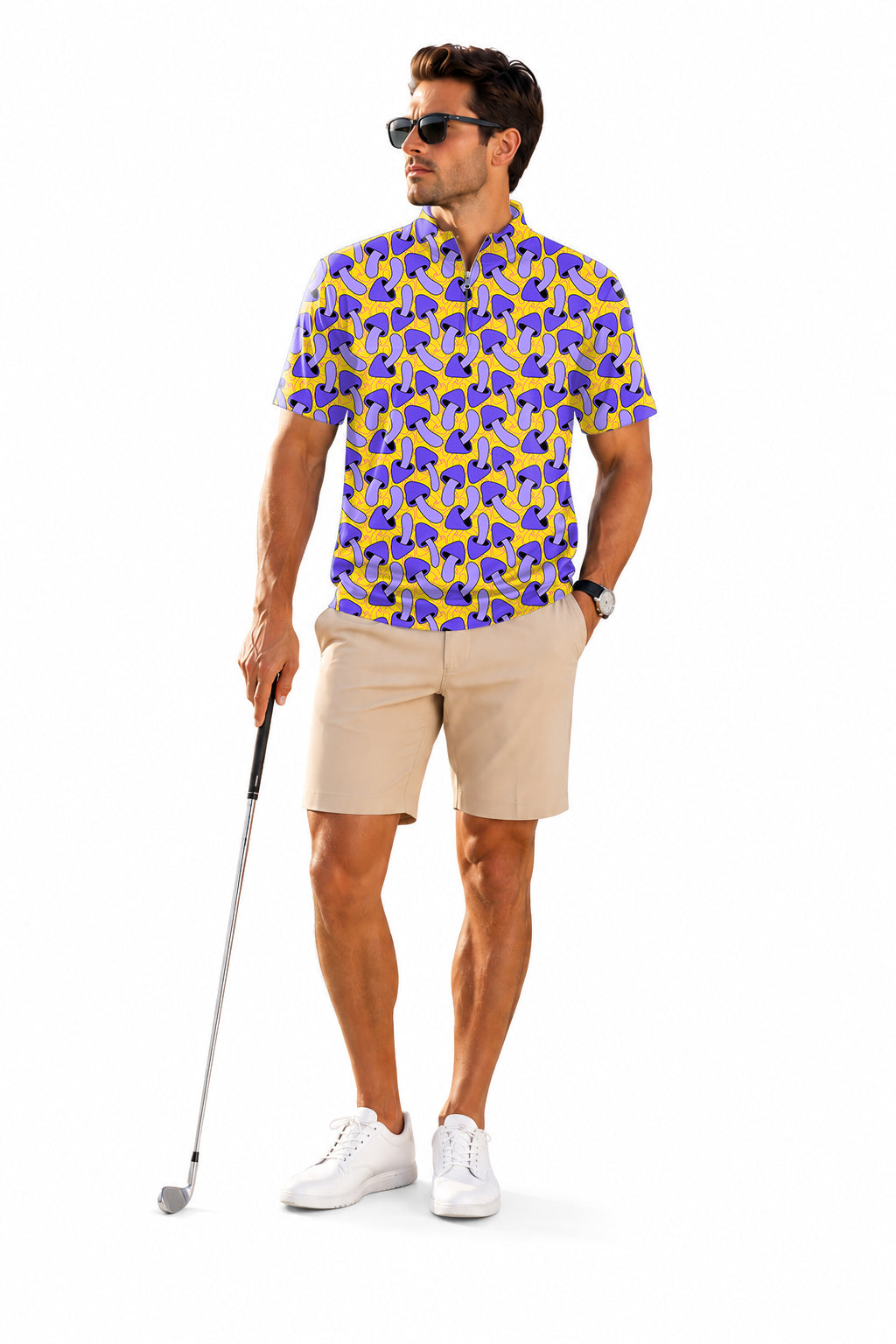 Men's Short Sleeve Quarter Zip Golf Pullover Psychedelic Mushroom Print Embroidery
