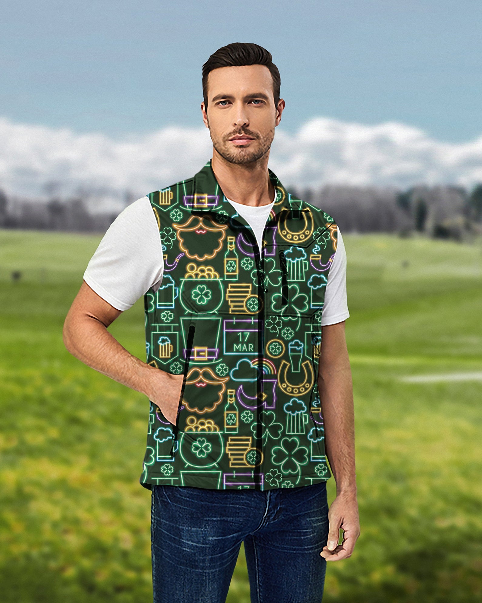 Men's Neon Saint Pattys Party Lightweight Softshell Vest Sleeveless Jacket for Golf