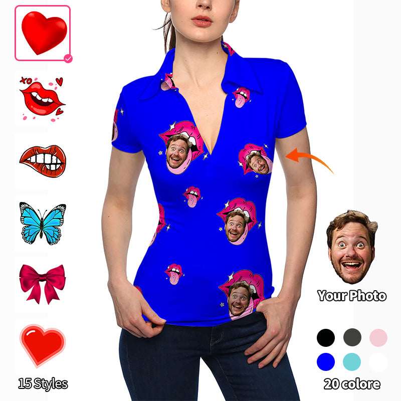 Valentine's Day Women's Custom Photo Face Custom Color Royal V Neck Golf Polo