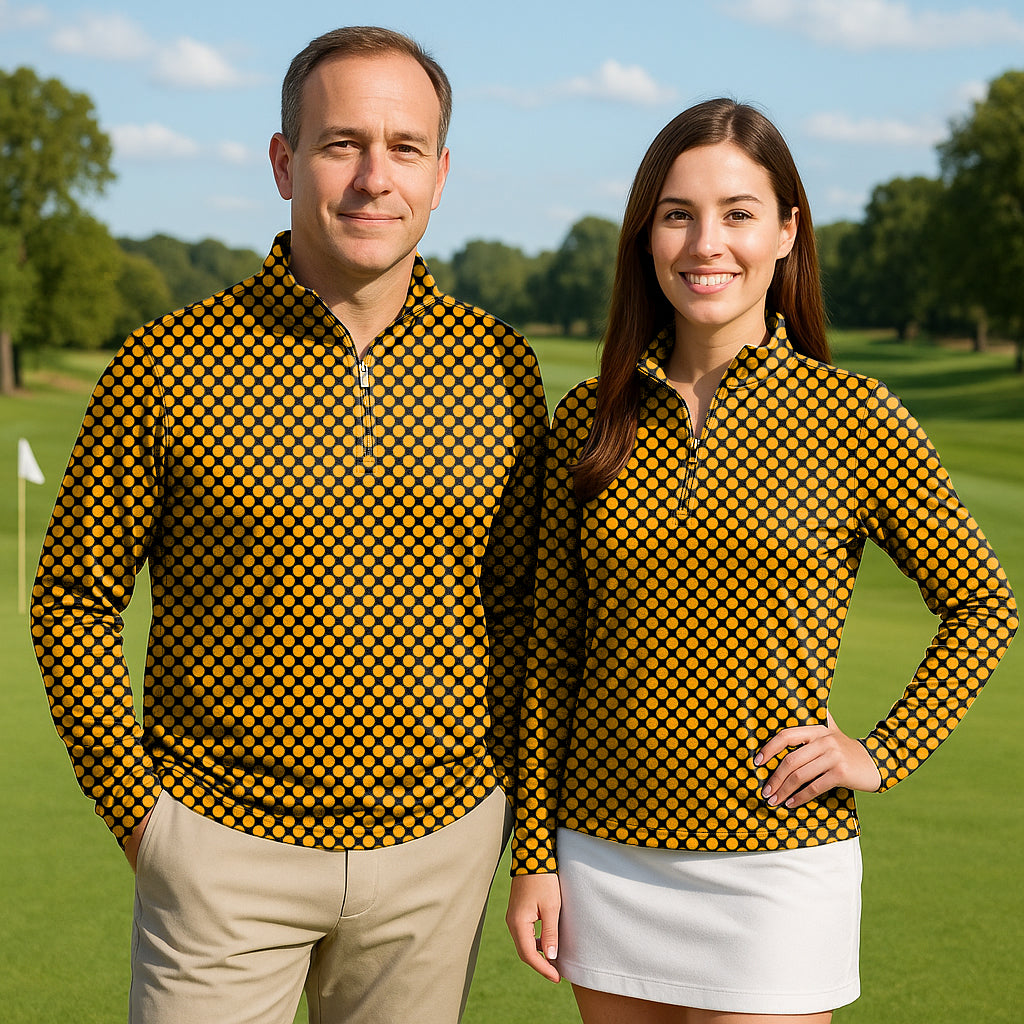 Halloween black and yellow polka dots Couple Golf Active 3/4 Zipper Top Long Sleeves