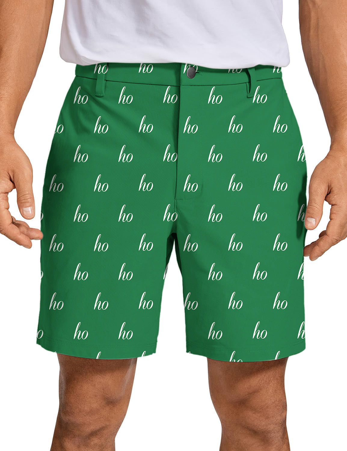 Men's green custom name Christmas golf shorts with "ho" pattern, breathable and quick-dry fabric.
