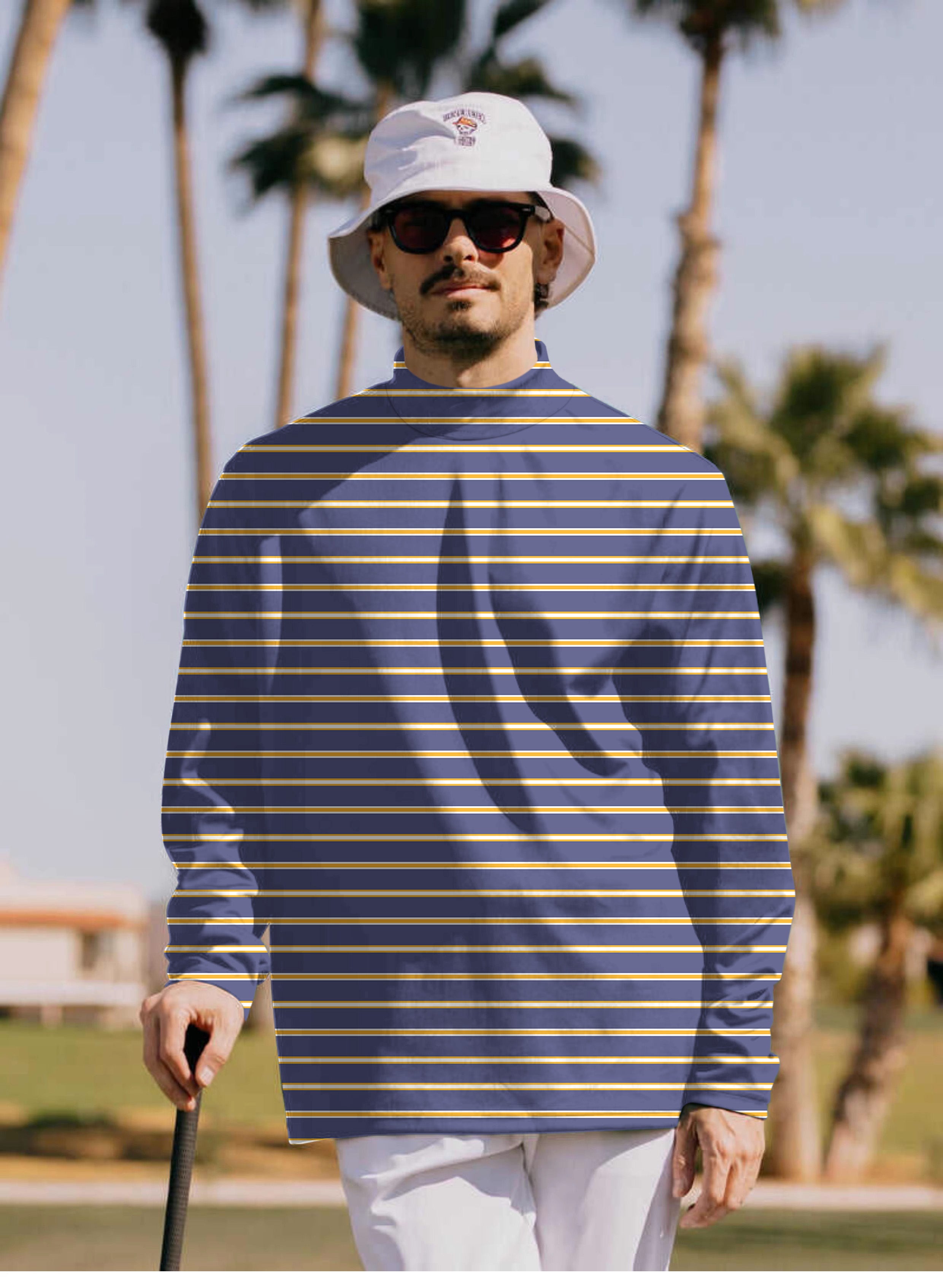 Men's Navy blue and orange stripes Pullover High neck Long/Short sleeve T-Shirt limited edition