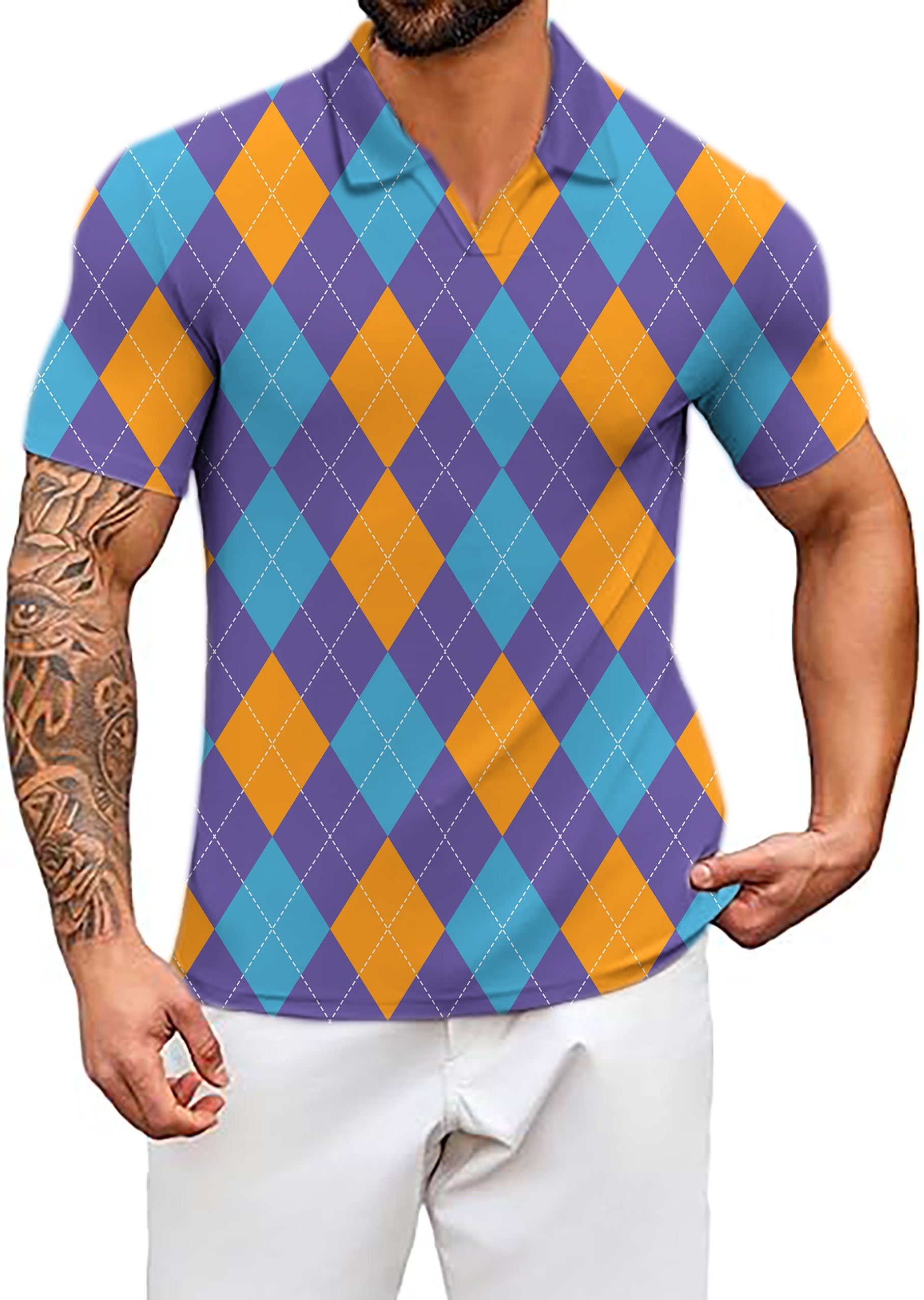 Men's Purple orange blue Argyle V Neck Golf Polo Shirts