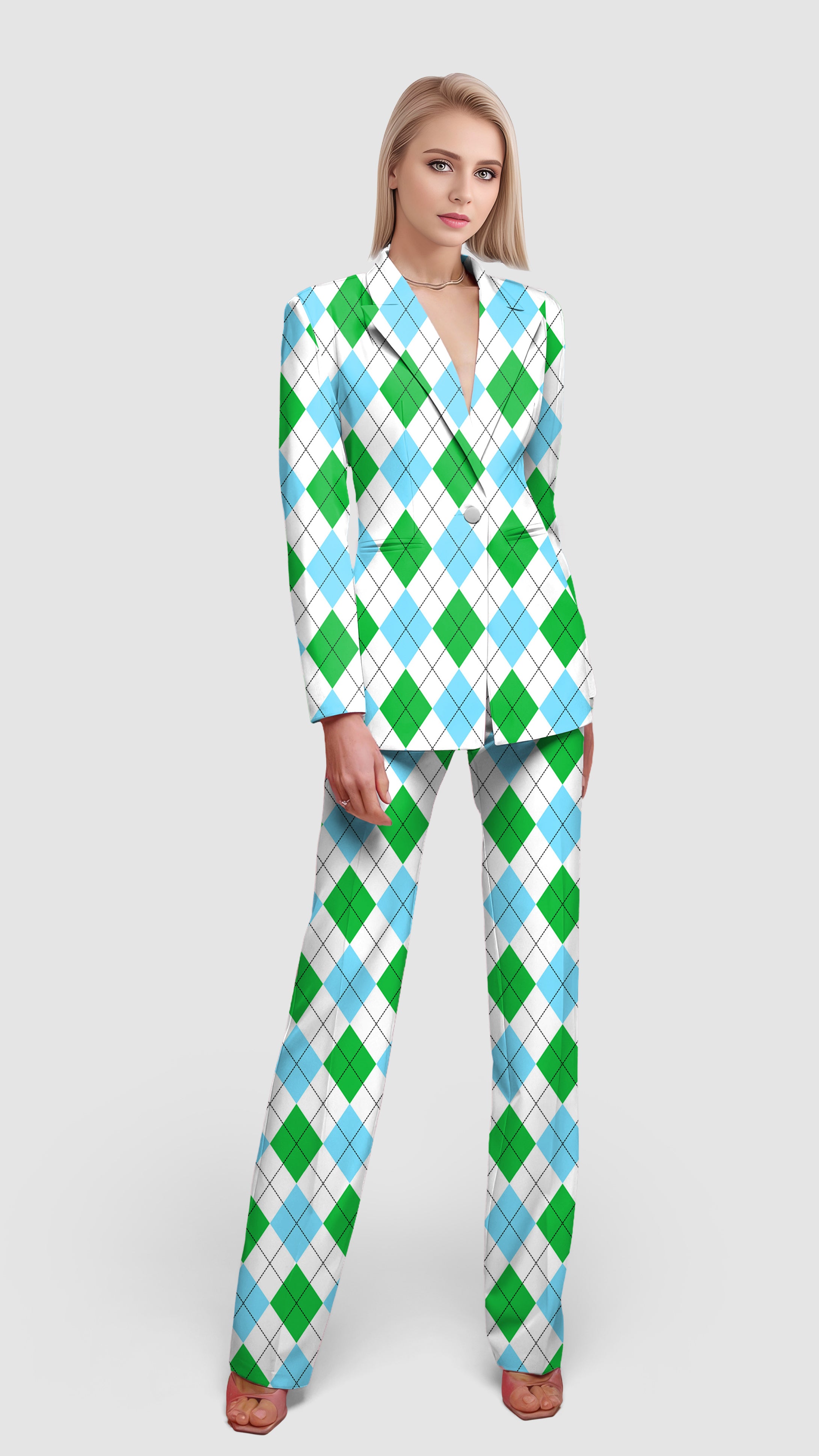 Green diamond grid-Women's Blazer Casual Work Office Blazer Suit set