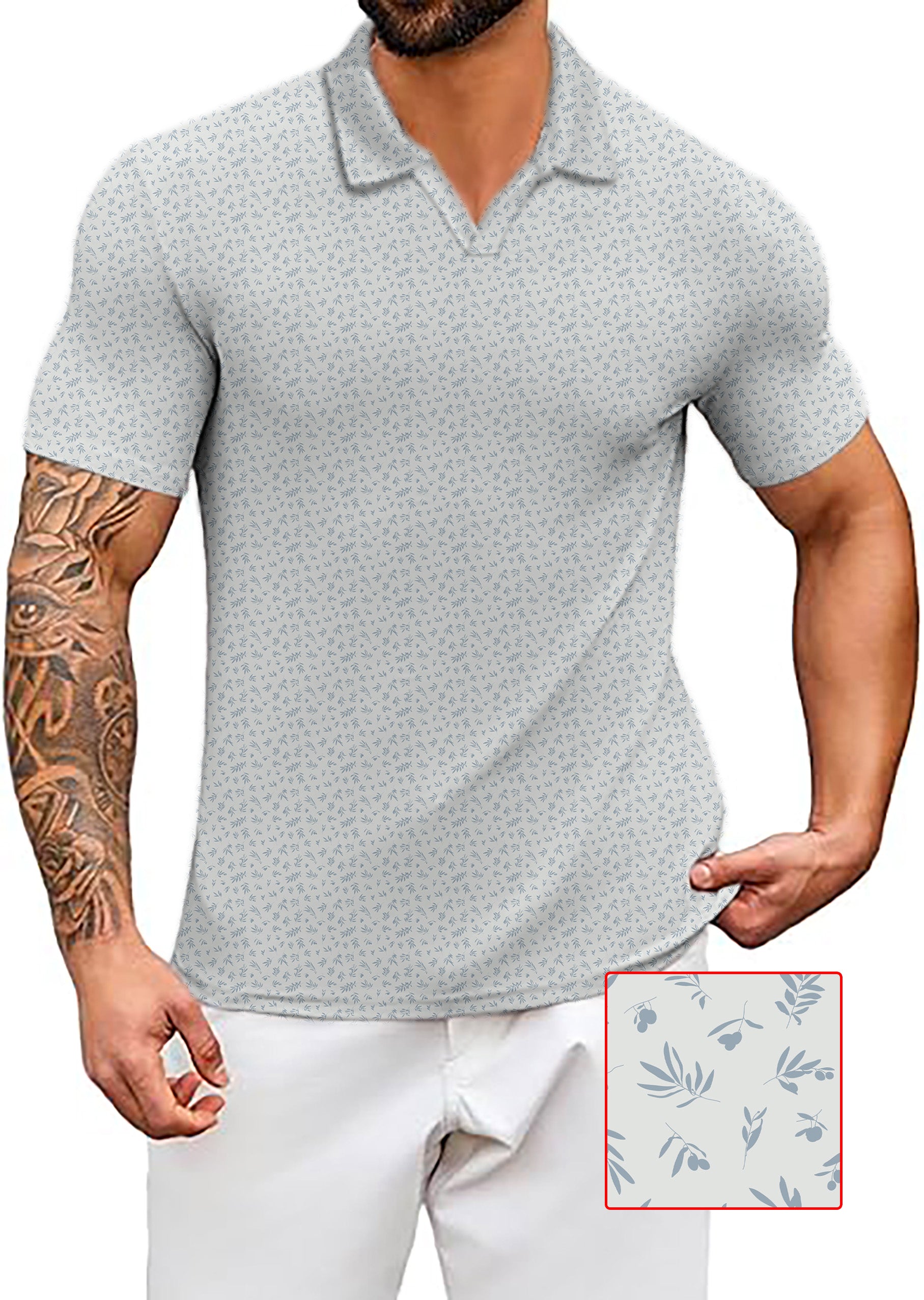 Men's Coconut Palm navy blue ink dots and leaves pattern polo shirt with classic fit and four-way stretch