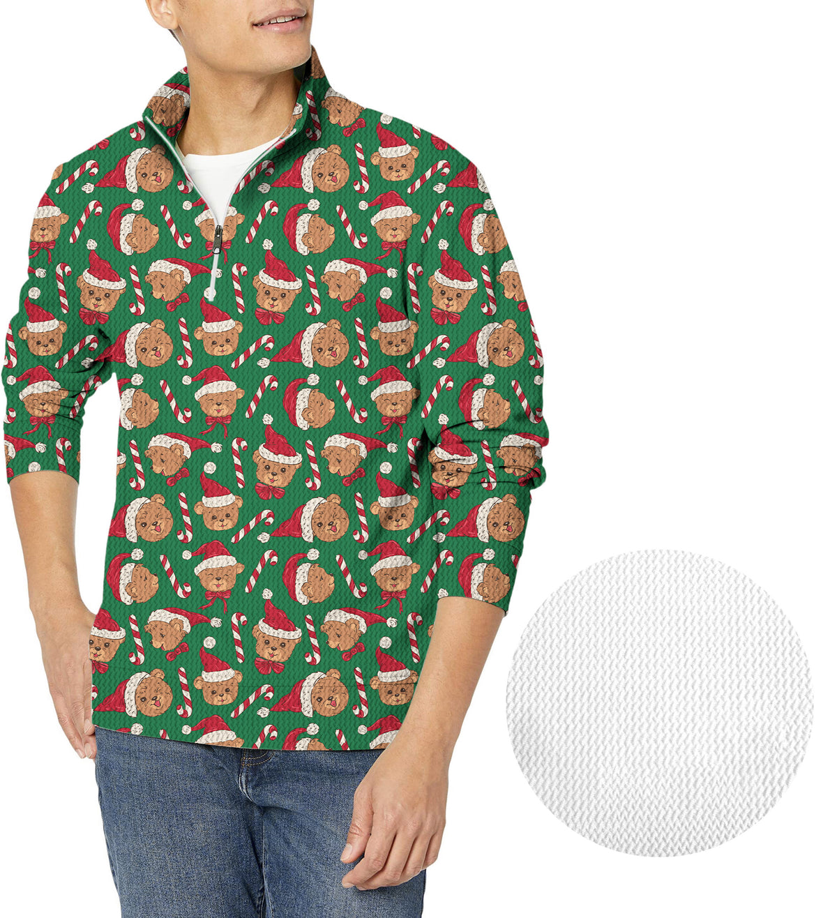 Green Christmas Teddy Bear Men's Golf Waffle Zipper Pullover