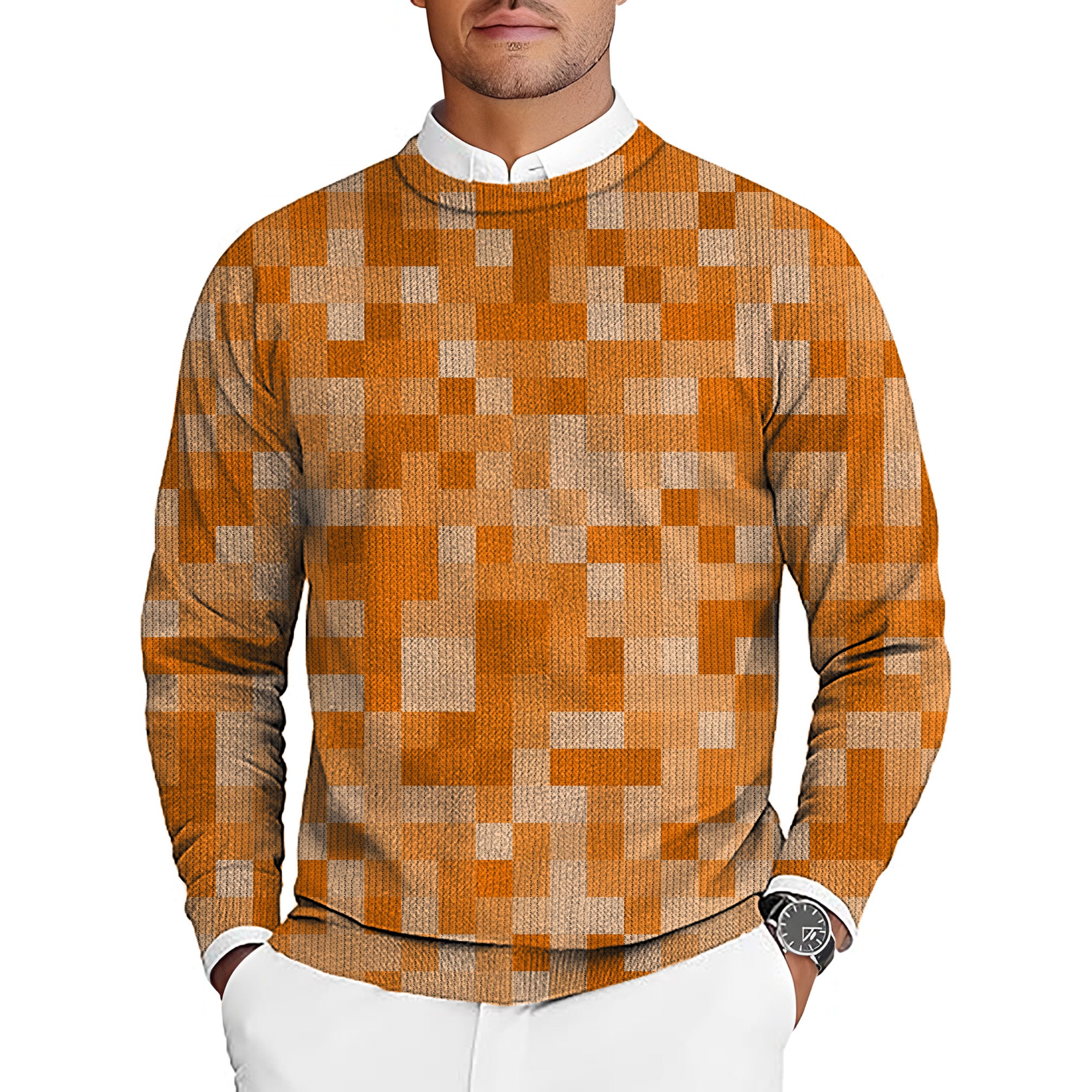 Orange Pixel Big Men's Golf Crewneck Pullover Sweaters Ugly Sweater