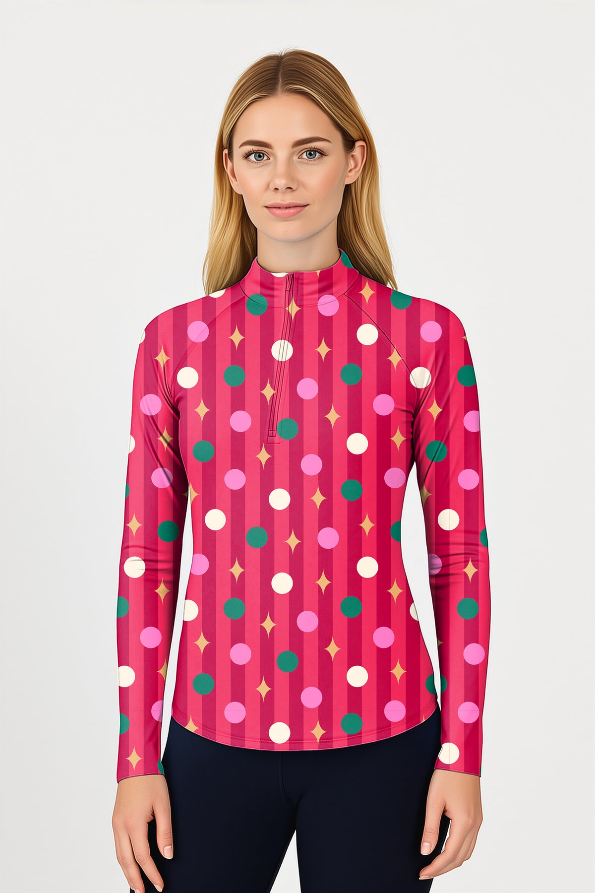 Red Christmas Lollipops Women's Golf Active 3/4 Zipper Top Long Sleeves