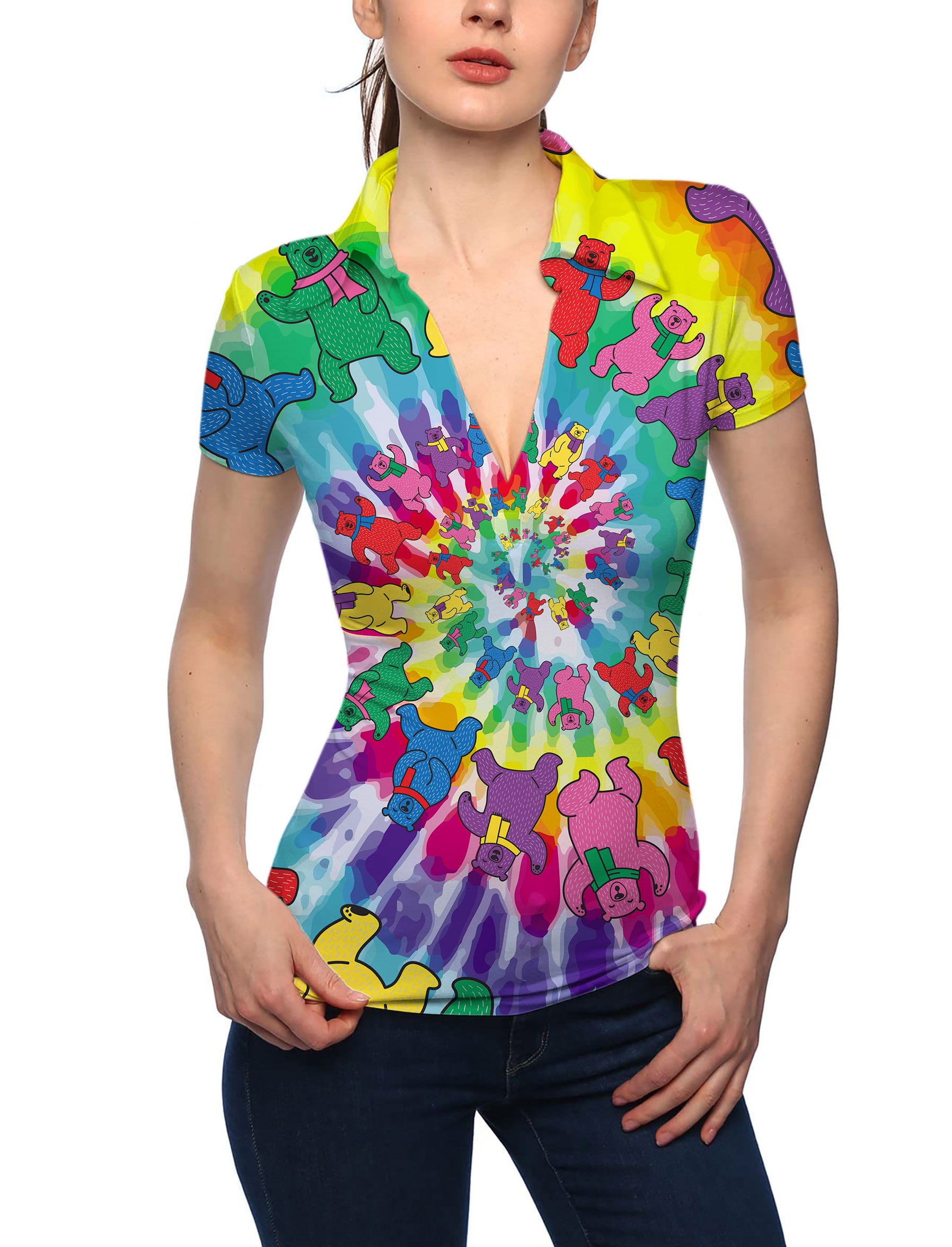 Women's Kaleidoscope Bear V Neck Golf Polo