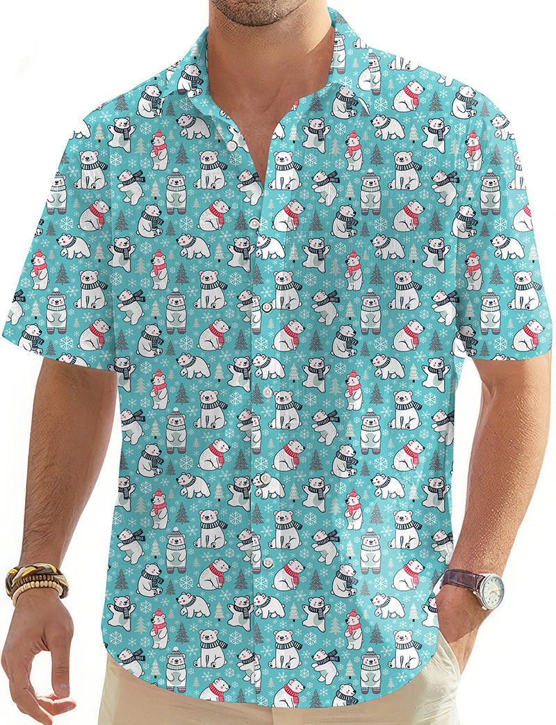 Men's Christmas white bear Hawaiian shirt with button-down collar and short sleeves on blue background