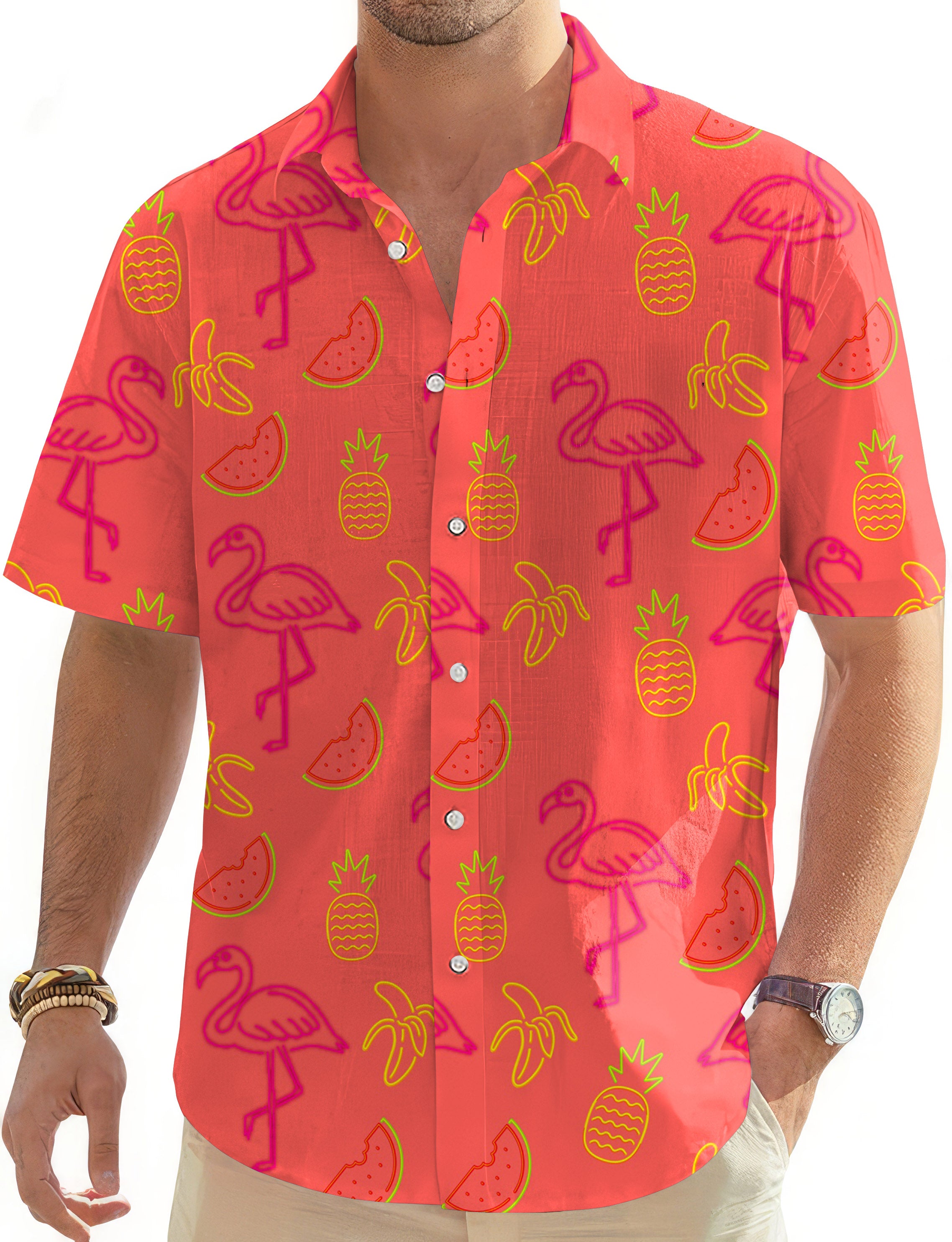Fruity Flamingo-Men's Golf Hawaiian Shirts Button Down Shirt
