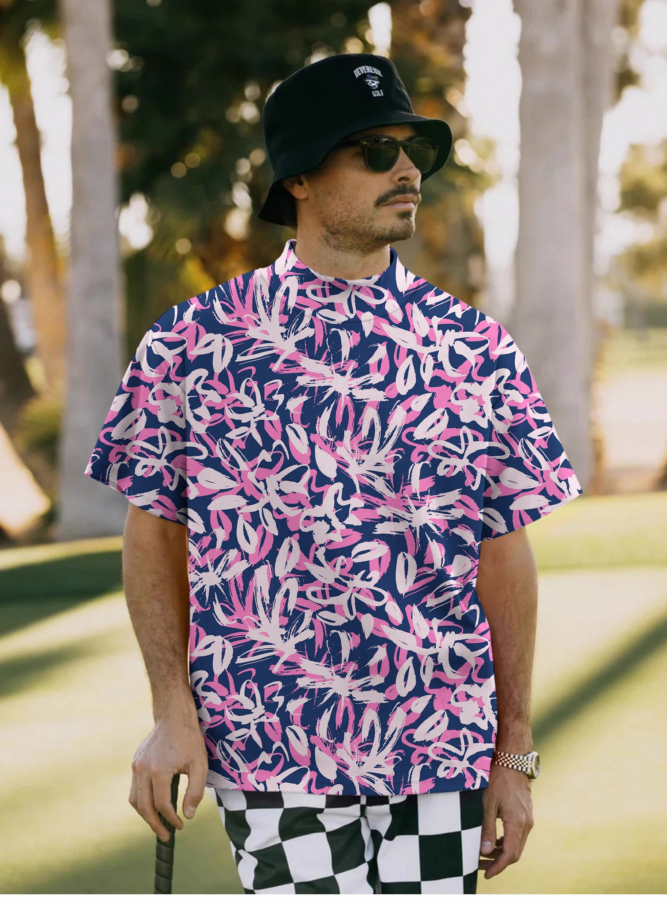 Men's Draw Flowers pullover high neck short sleeve T-shirt with pink floral design and custom golf team uniform option