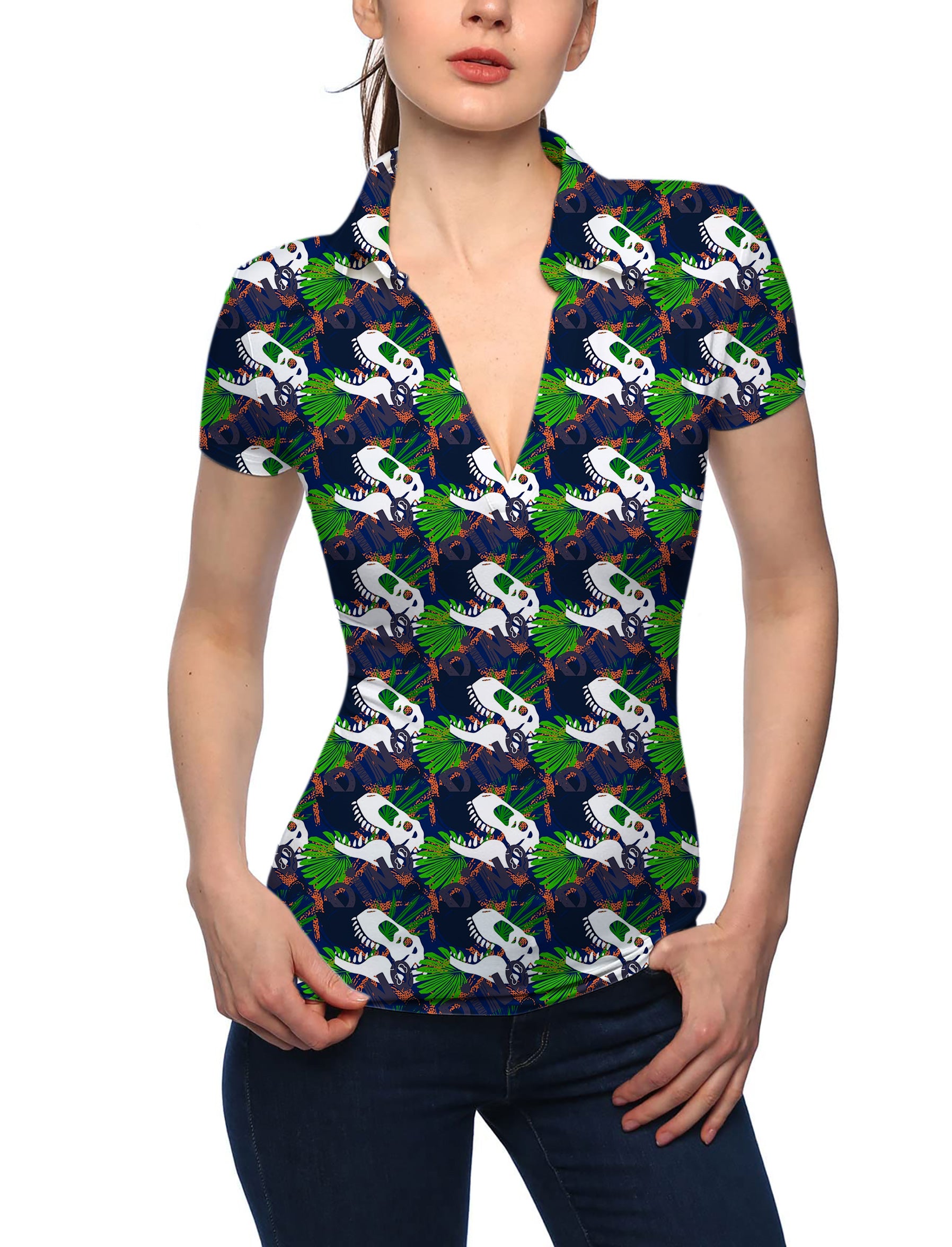 Women's dinosaur fossil V Neck Golf Polo