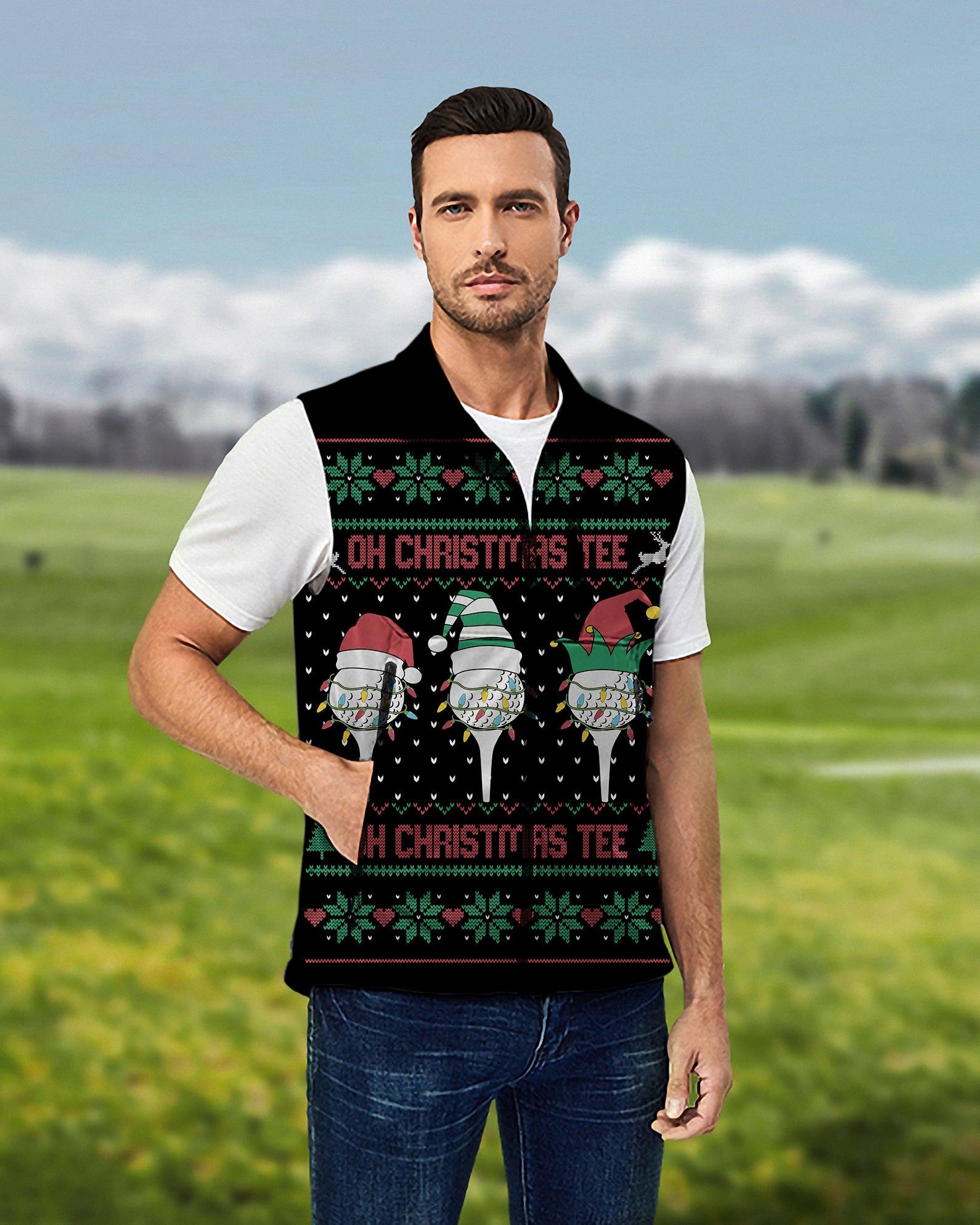 Men's Black-Christmas Custom face Lightweight Softshell Vest Sleeveless Jacket for Golf Windproof Waterproof