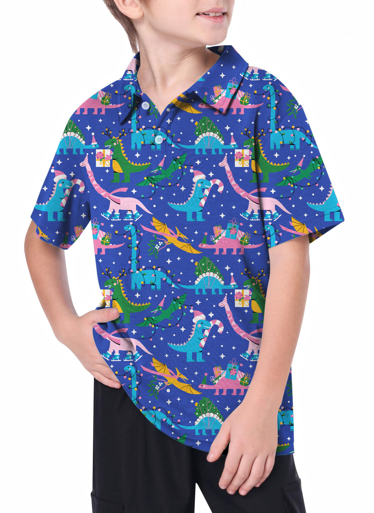 Youth Christmas Dinosaur Golf Polo