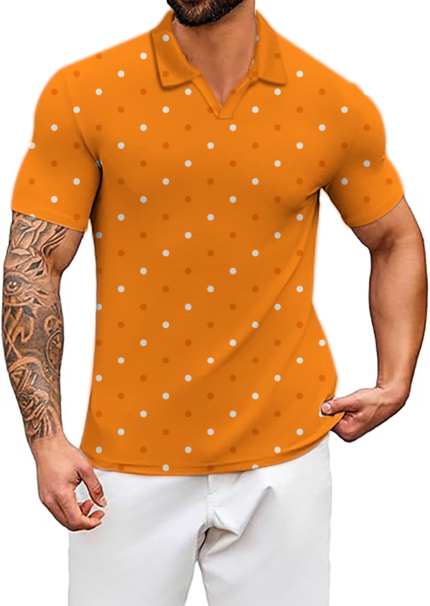 Men's Halloween yellow and white polka dots V Neck Golf Polo Shirts