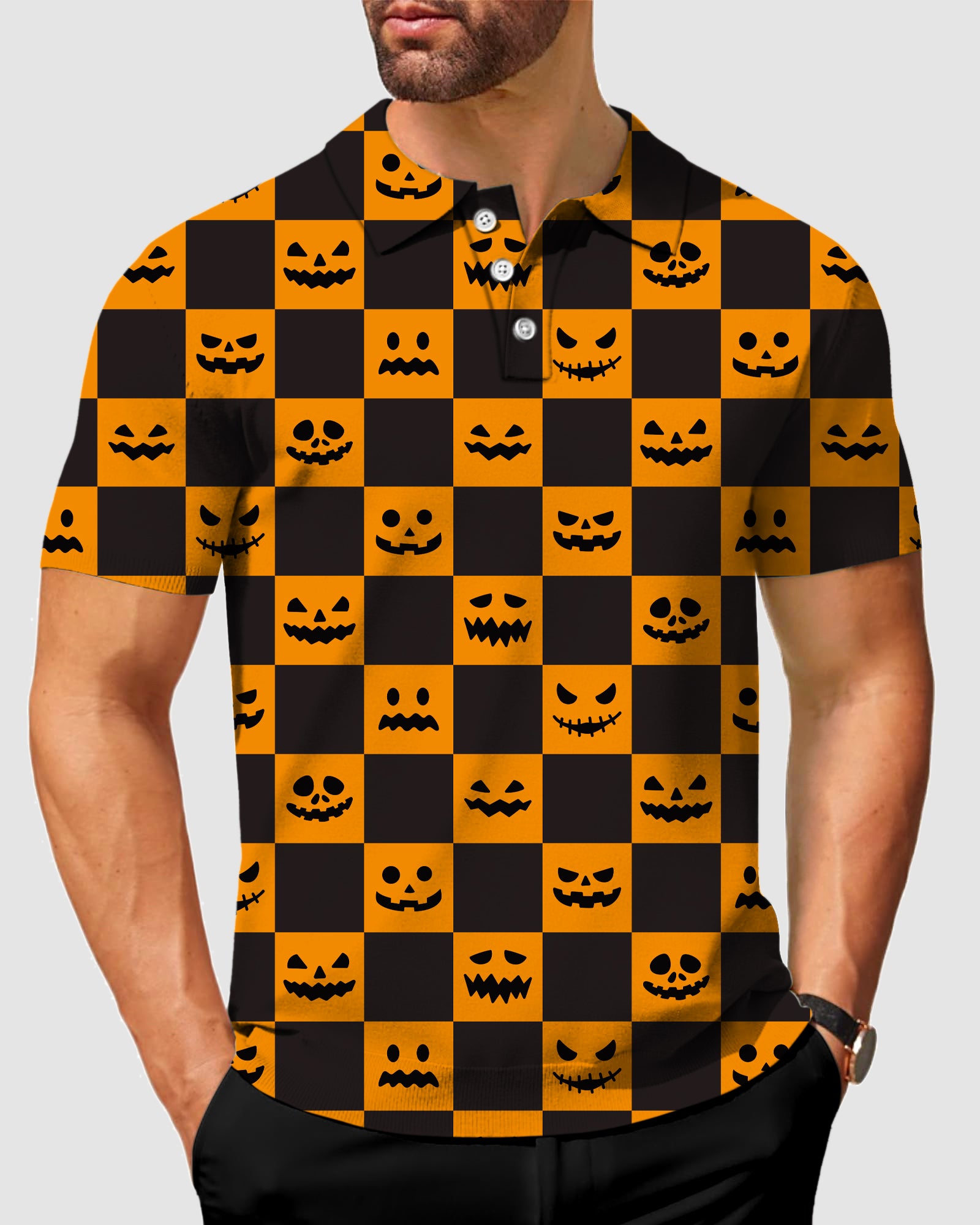 Men's Halloween black and yellow checkerboard pumpkin Polo