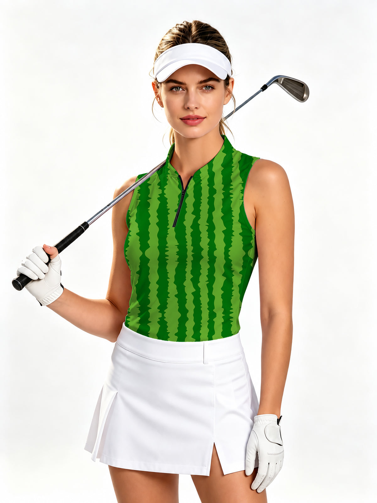 watermelon stripes Women's Quarter Zip Mock Neck Sleeveless Golf Athletic Blouse