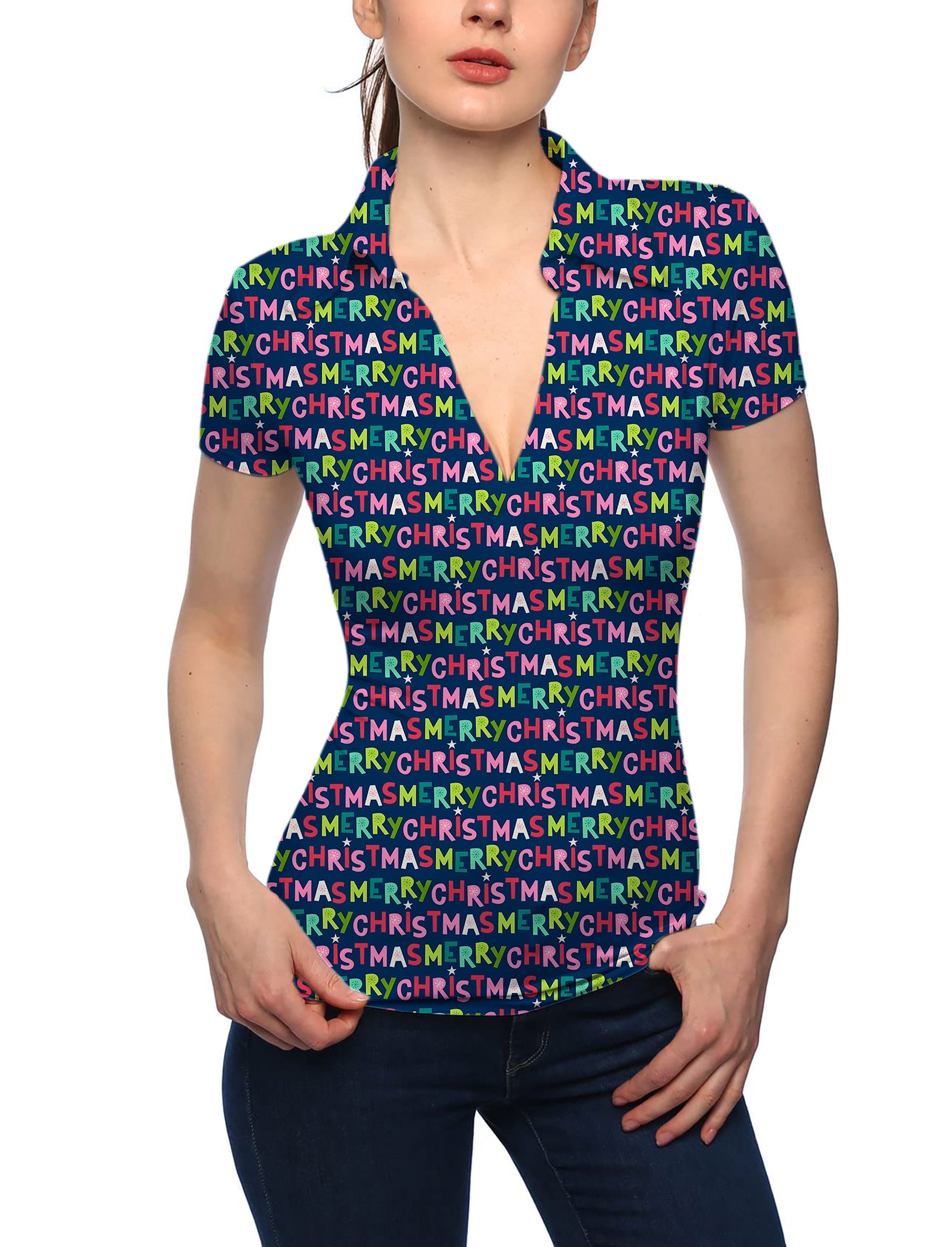Women's V-neck golf polo with stars and snowflakes pattern, short sleeves, and stand collar for Christmas sports and casual wear