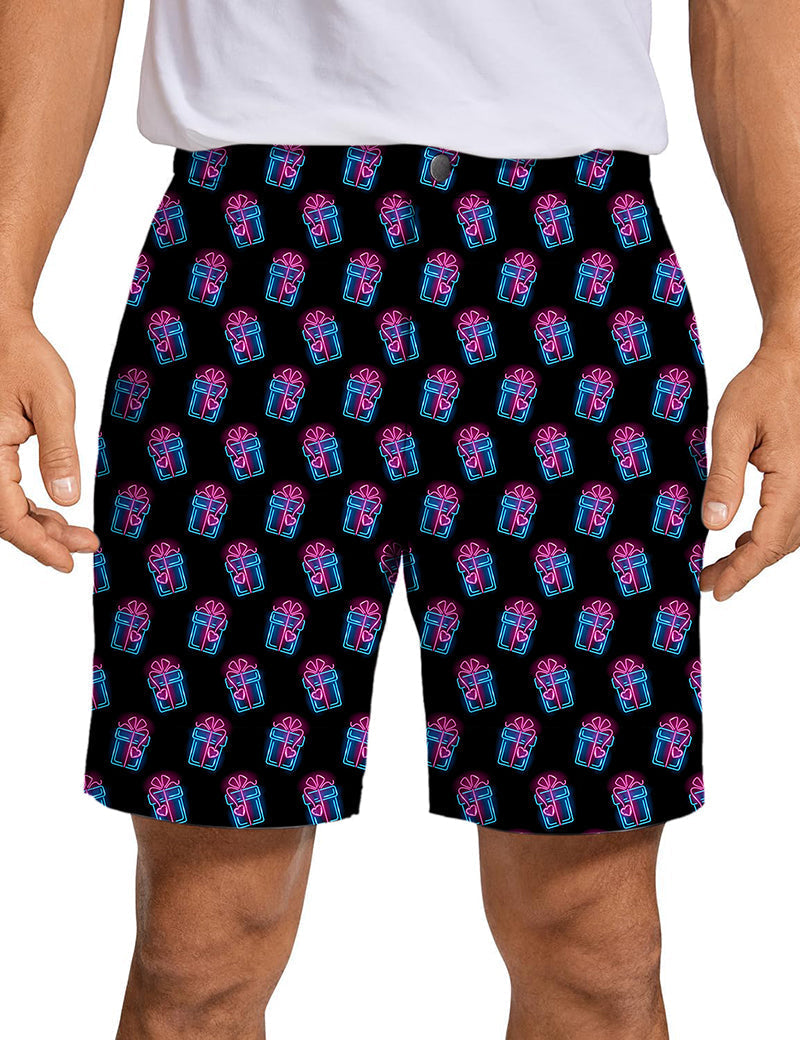 Men's Christmas gift golf shorts with colorful gift box pattern, quick dry and breathable fabric, lightweight and stretchy for comfort and style.